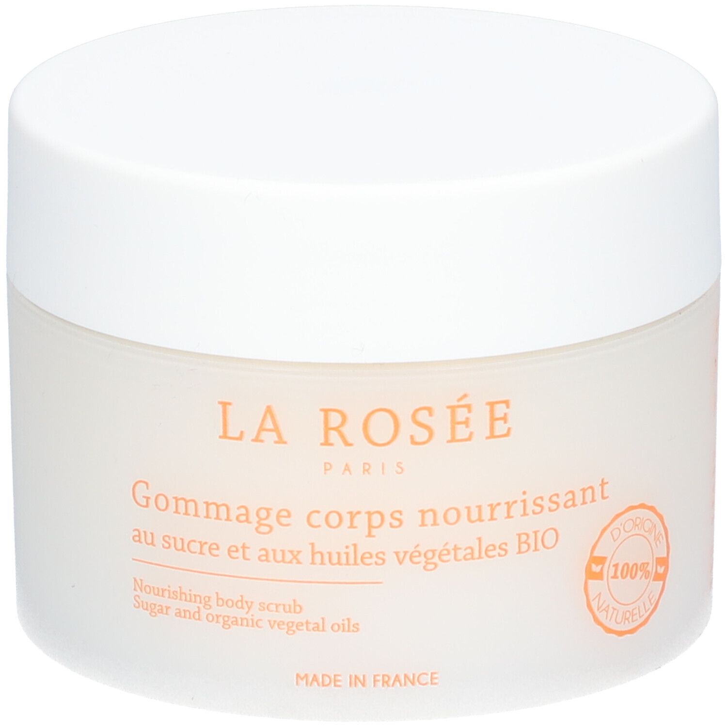 Behälter mit Körperpeeling. Aufschrift: La Rosée, Gommage corps nourrissant, Zucker und pflanzliche Öle BIO. 100% natürliche Inhaltsstoffe.