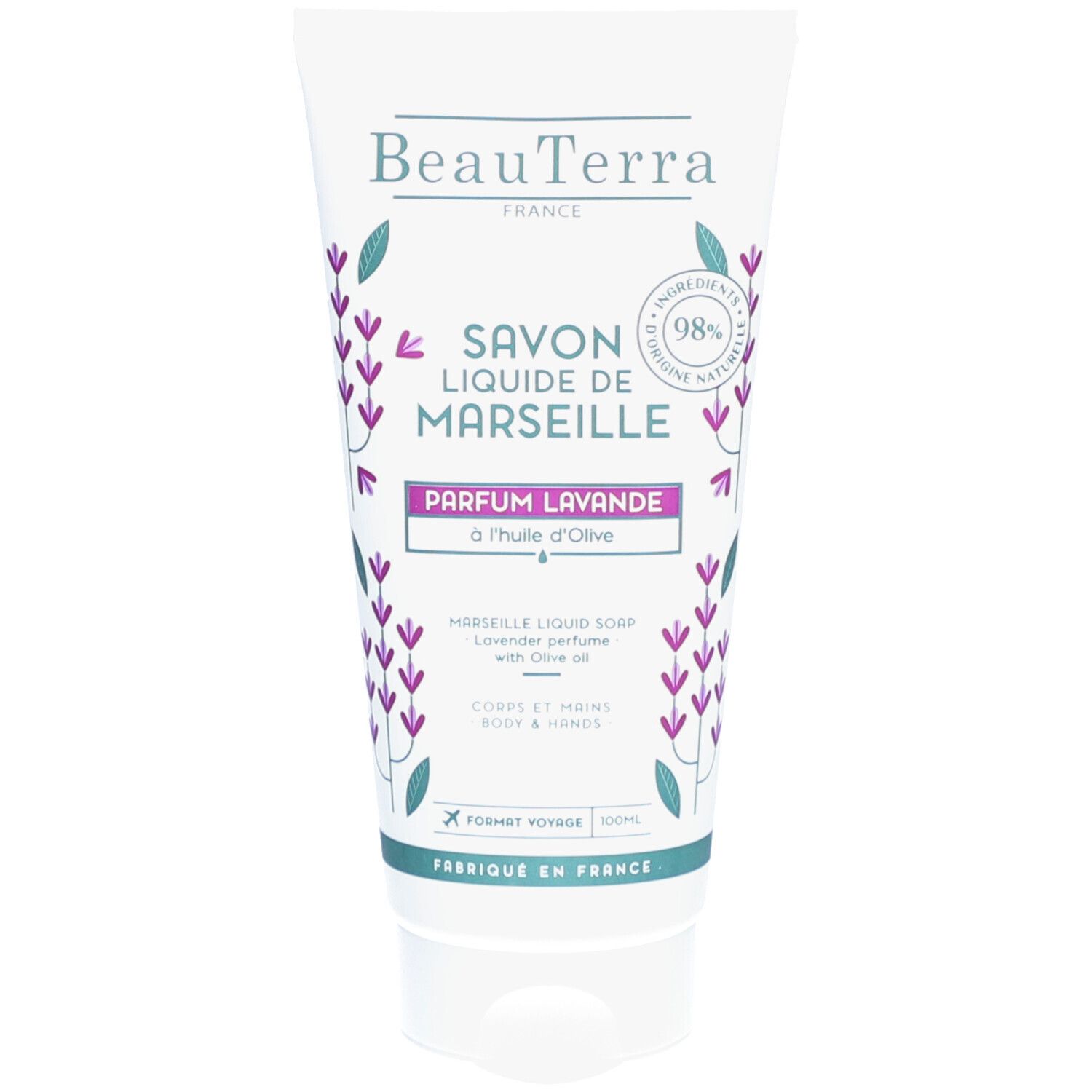 Weiche Tube mit Produktaufdruck. Text: Savon Liquide de Marseille, Parfum Lavande. Mit Olivenöl. Format Voyage.