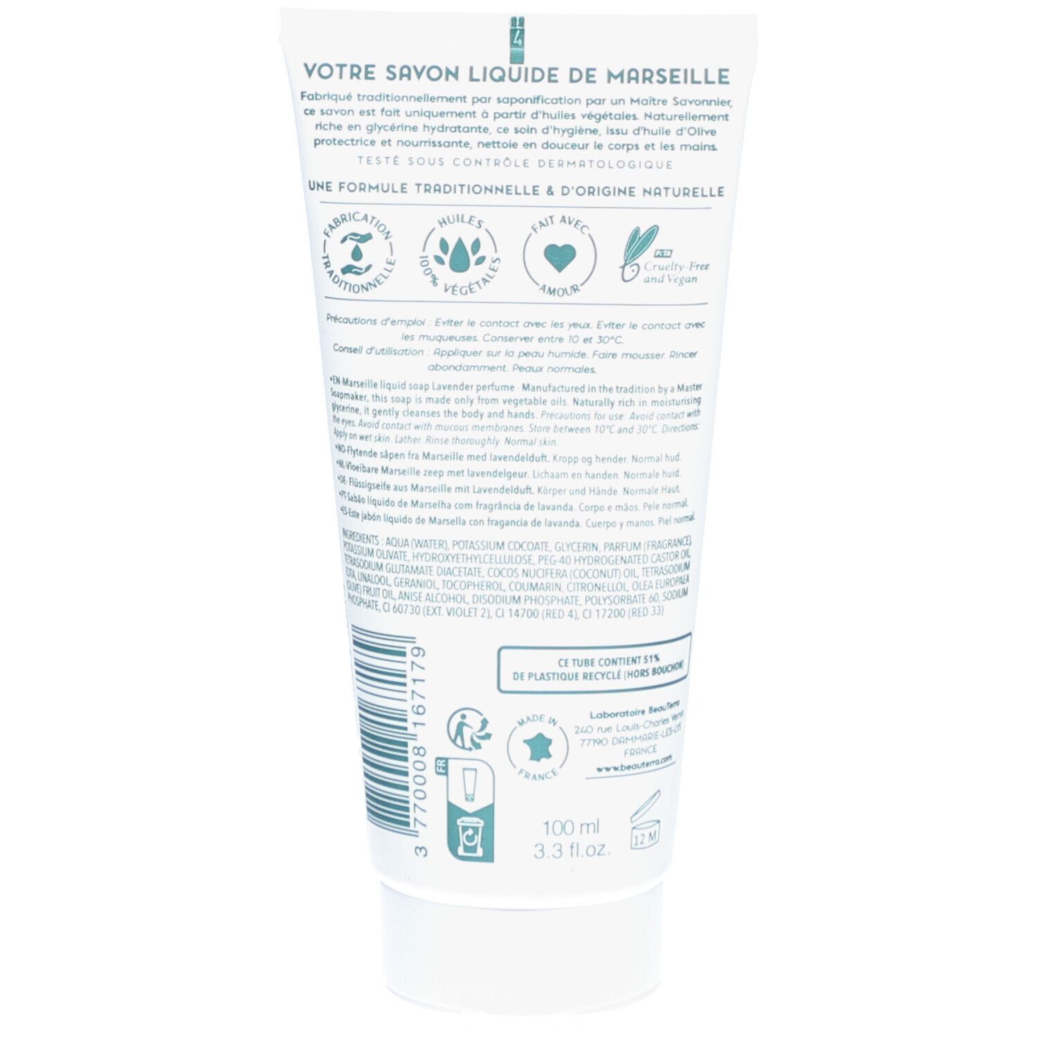 Rückseite der Tube. Text: Votre Savon Liquide de Marseille. Inhaltsstoffe, Informationen zur Herstellung und Recycling-Symbol.
