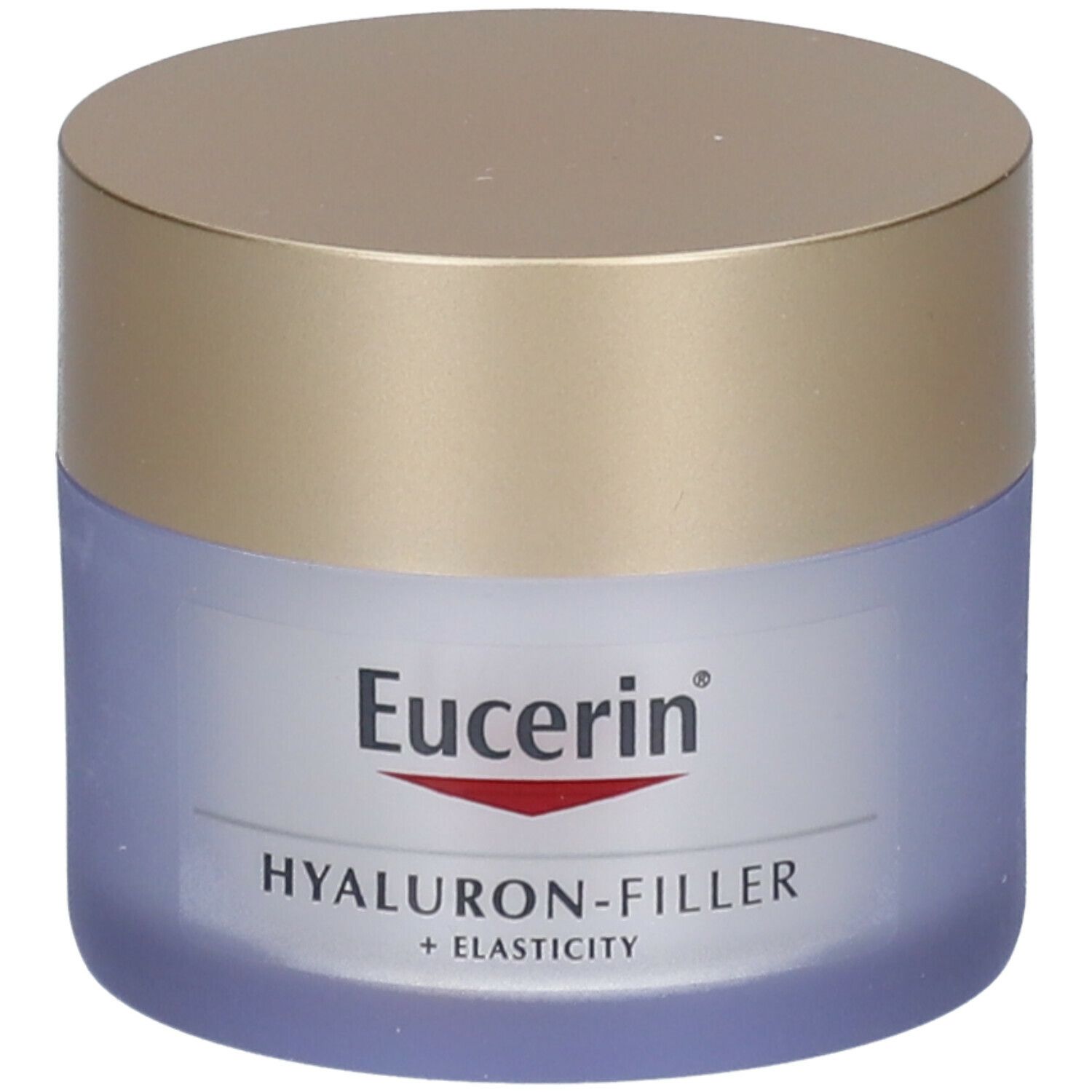 Pot de crème avec couvercle doré. Inscription : Eucerin, HYALURON-FILLER + ELASTICITY.
