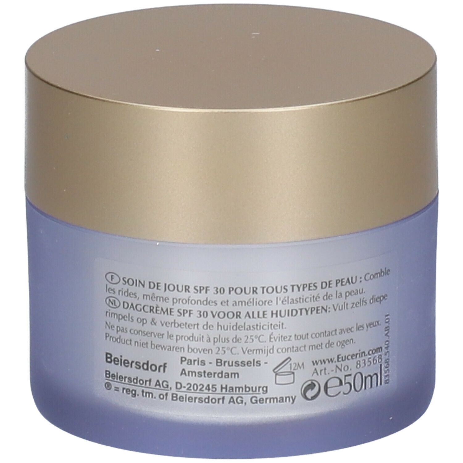 Dos d'un pot de crème avec couvercle doré. Texte multilingue, dont SPF 30.