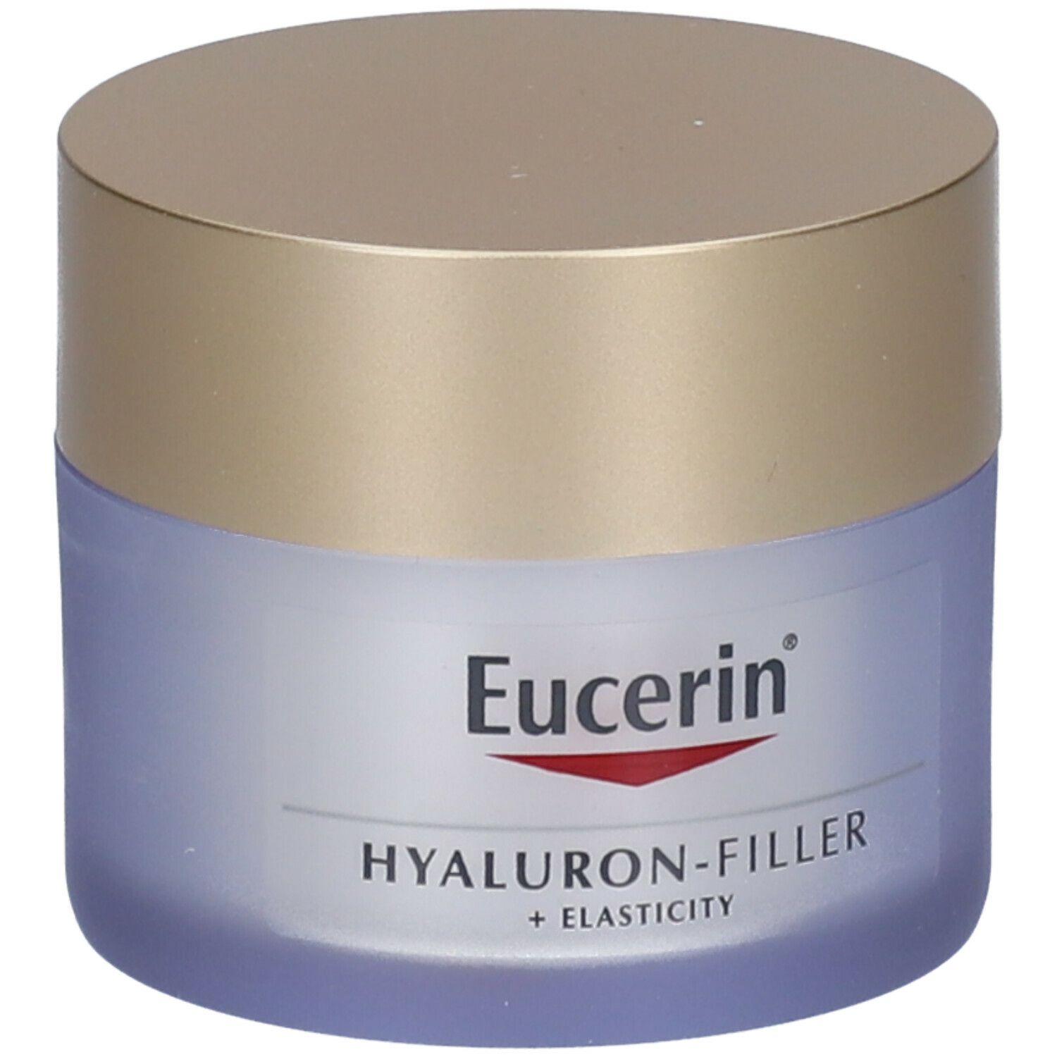 Pot de crème avec couvercle doré. Inscription : Eucerin, HYALURON-FILLER + ELASTICITY.