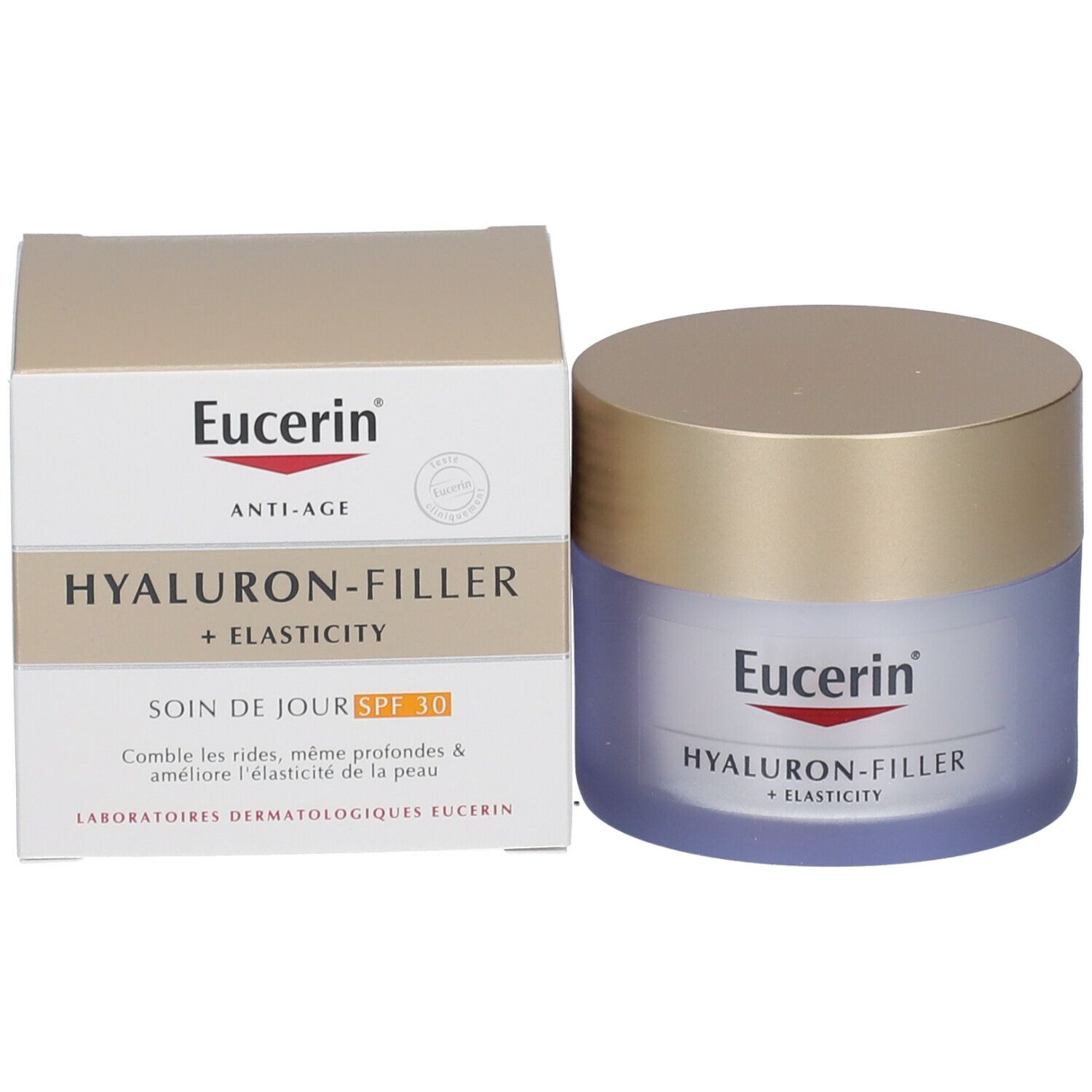 Pot de crème et emballage. Inscription : Eucerin, HYALURON-FILLER + ELASTICITY, SPF 30.