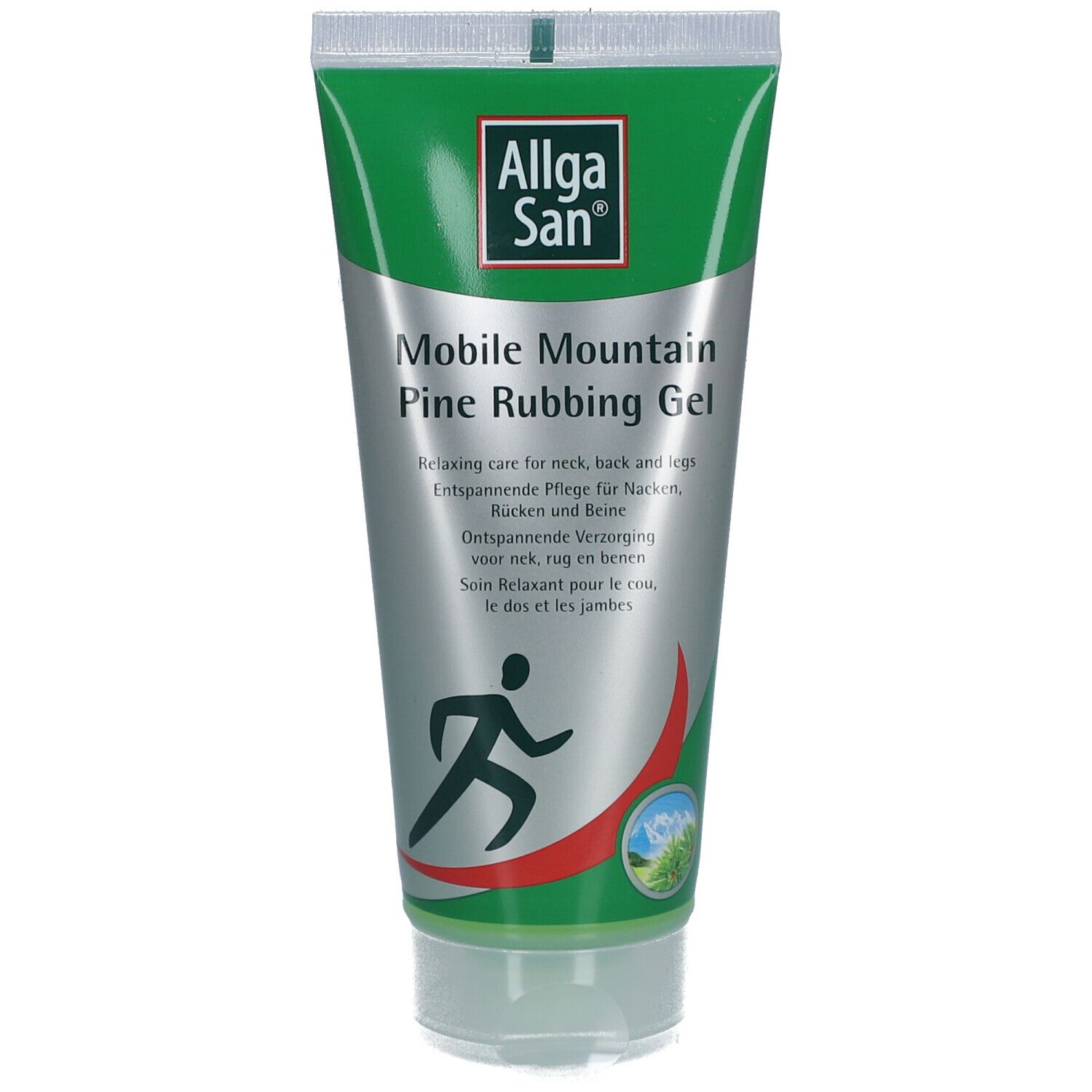 Tube vert avec texte blanc. Logo Allga San. Texte "Mobile Mountain Pine Rubbing Gel". Silhouette d'une personne.