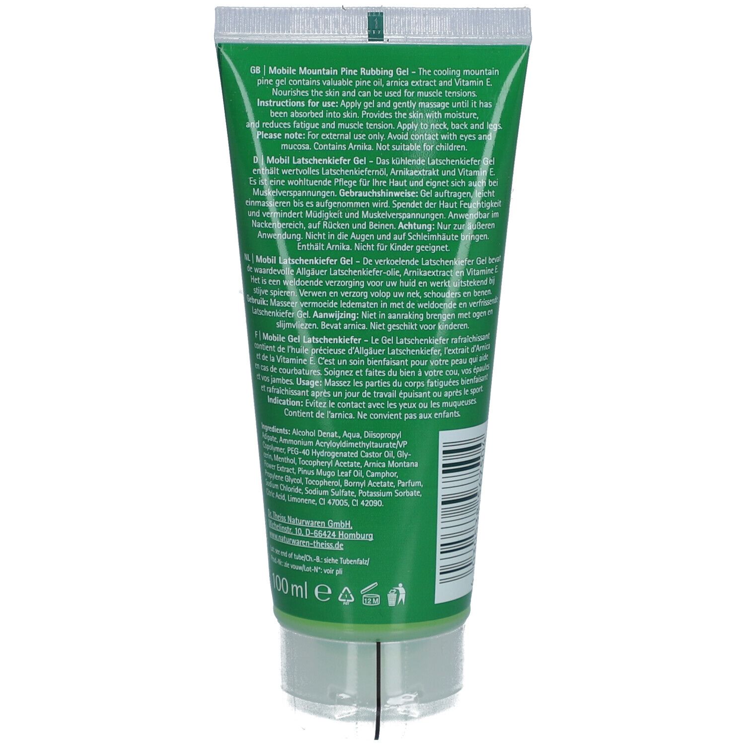 Dos du tube vert. Texte multilingue. Ingrédients et instructions d'utilisation. Bouchon à vis transparent.