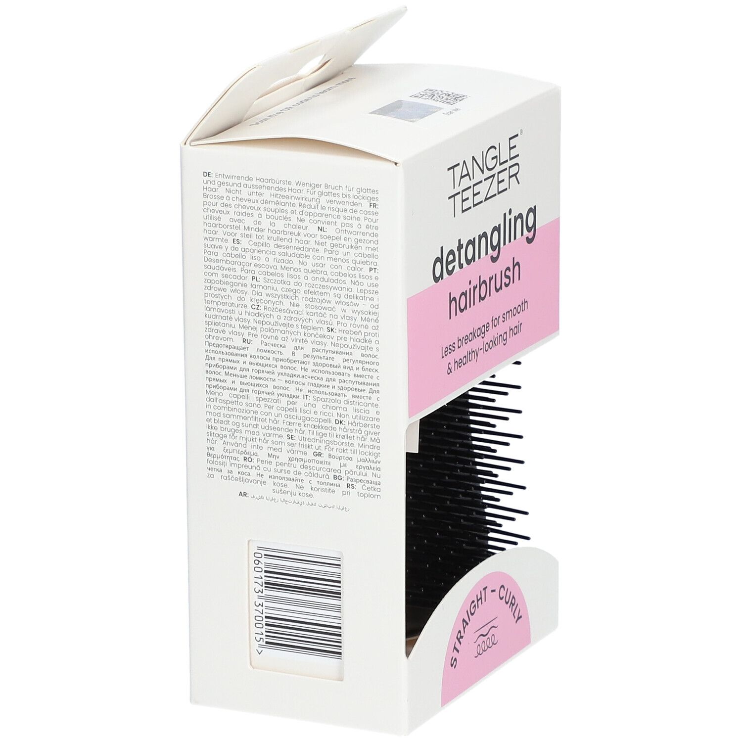 Emballage de la brosse à cheveux. Marque : Tangle Teezer. Texte : detangling hairbrush. Code-barres et texte au dos.