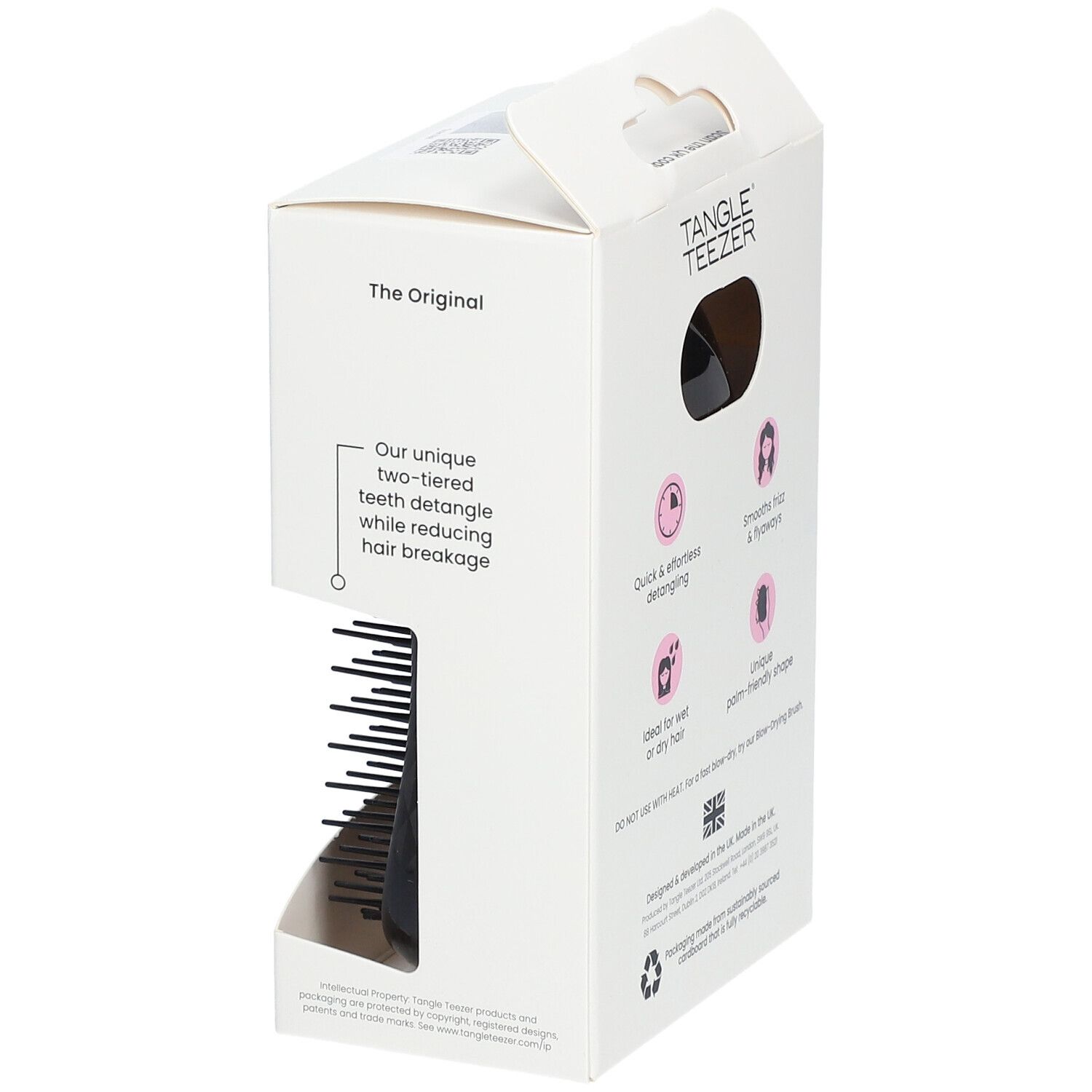 Emballage avec brosse à cheveux. Marque : Tangle Teezer. Texte : The Original. Illustrations et informations.