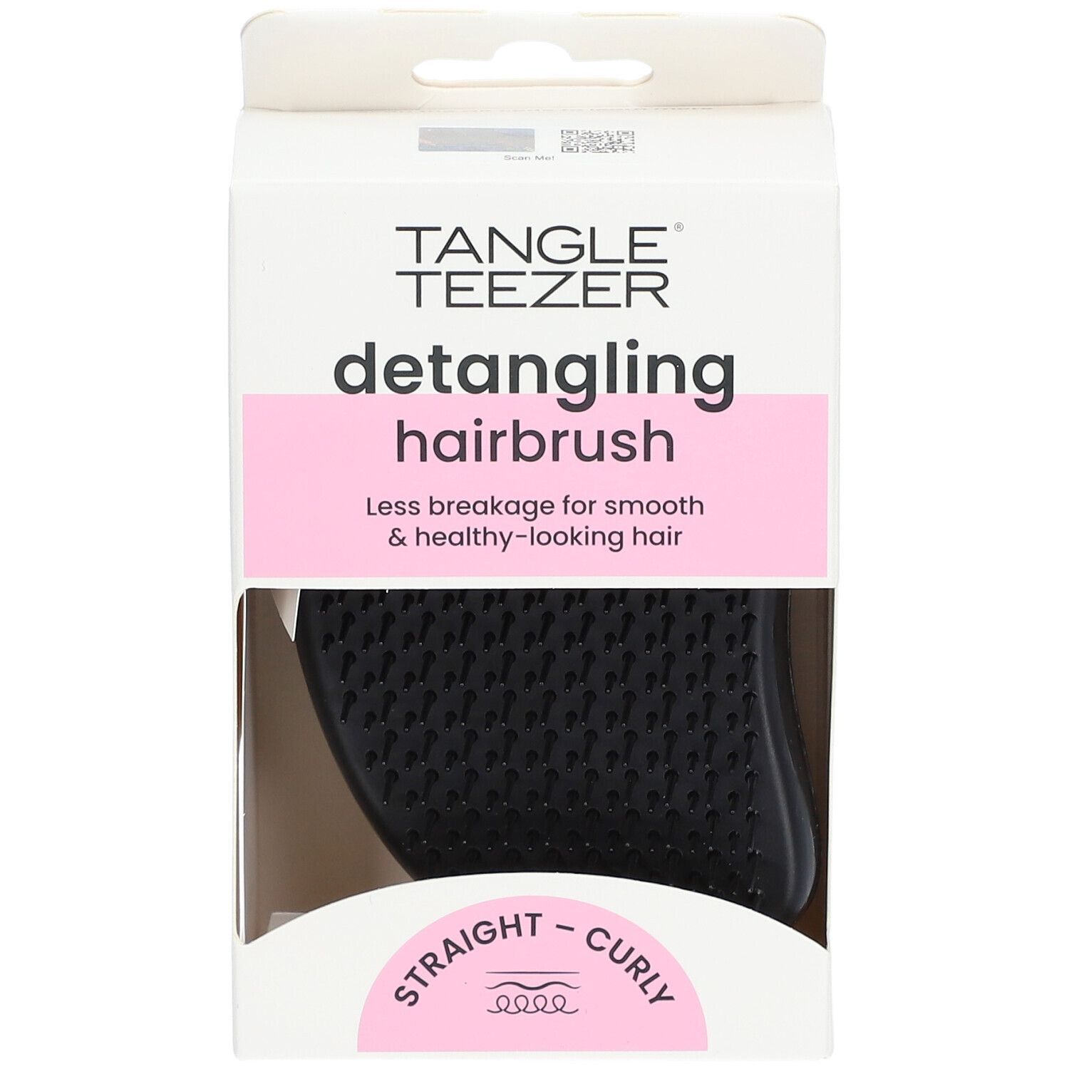 Brosse à cheveux dans son emballage. Marque : Tangle Teezer. Texte : detangling hairbrush. Pour cheveux lisses et bouclés.