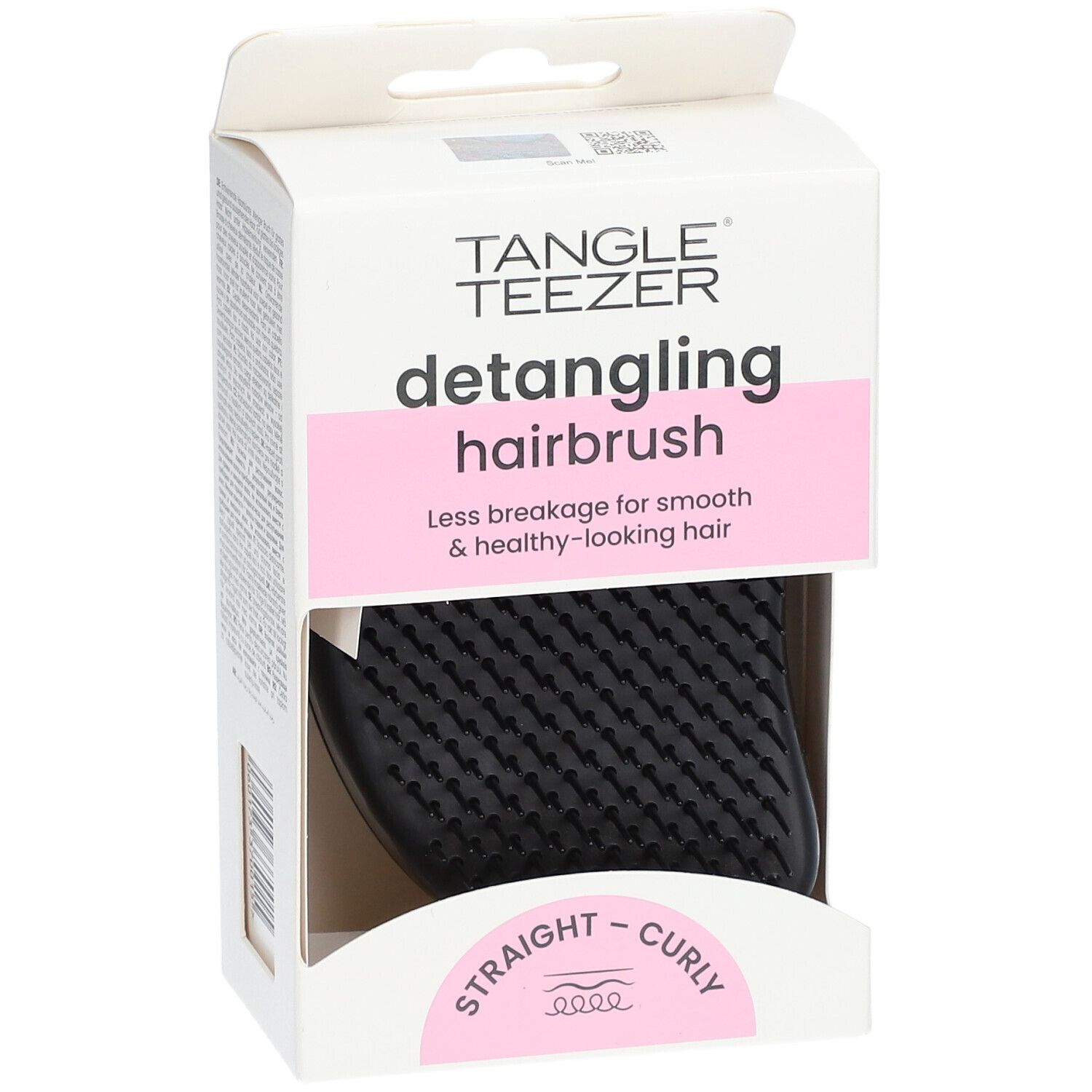 Brosse à cheveux dans son emballage. Marque : Tangle Teezer. Texte : detangling hairbrush. Pour cheveux lisses et bouclés.