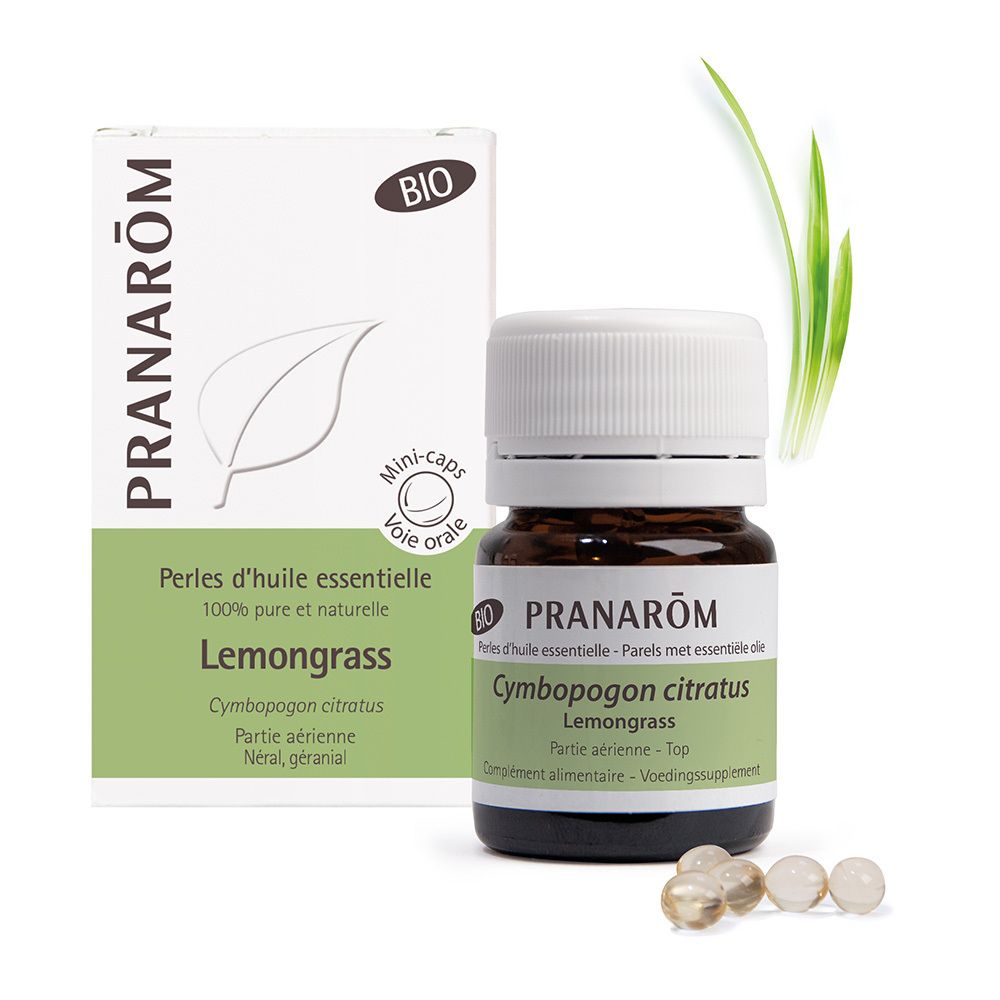 Flacon en verre brun avec bouchon blanc et étiquette verte. Boîte Pranarôm et inscription Lemongrass à côté.