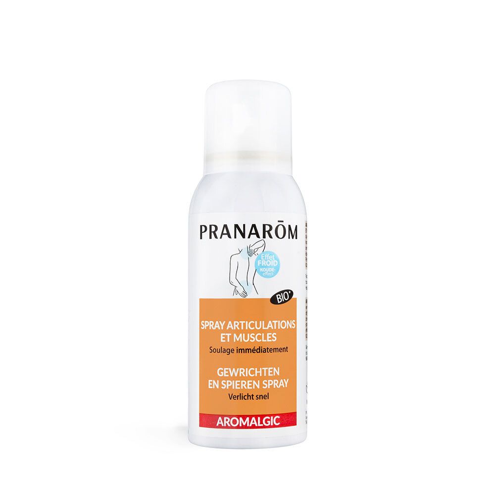 Flacon spray blanc avec nom de produit et illustration. Bande orange avec texte. Certification bio.