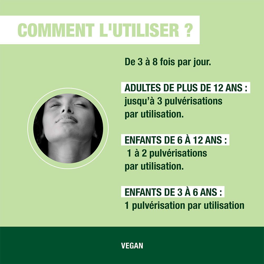 Infographie avec instructions d'utilisation. Texte : De 3 à 8 fois par jour. Dosage pour adultes et enfants.