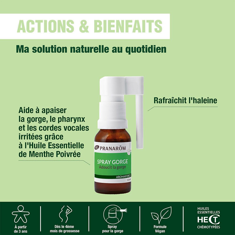 Infographie avec avantages. Texte : Aide à apaiser la gorge, le pharynx et les cordes vocales. Logo HECT.