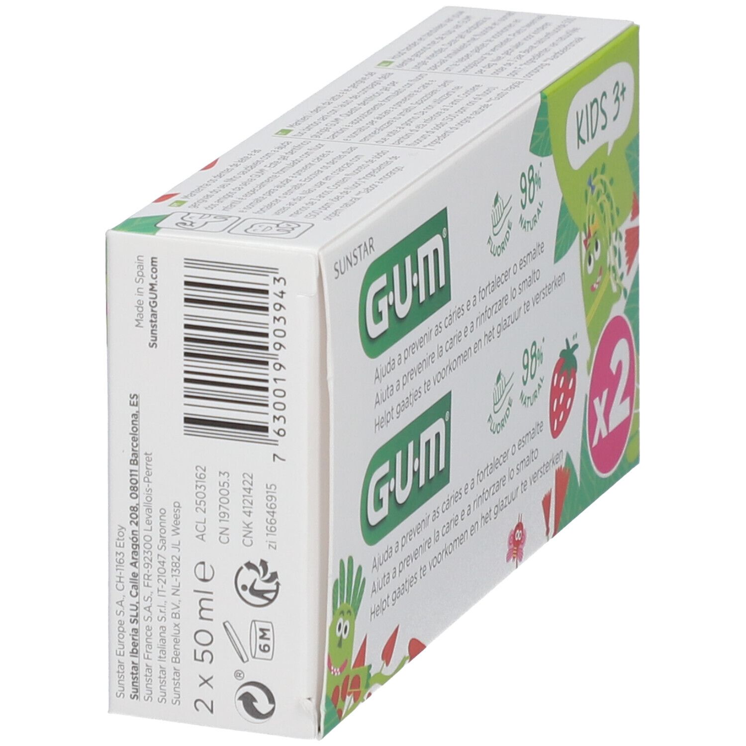 Boîte de dentifrice GUM KIDS 3+ en vue oblique. Contient deux tubes. Inscriptions avec ingrédients et informations fabricant.