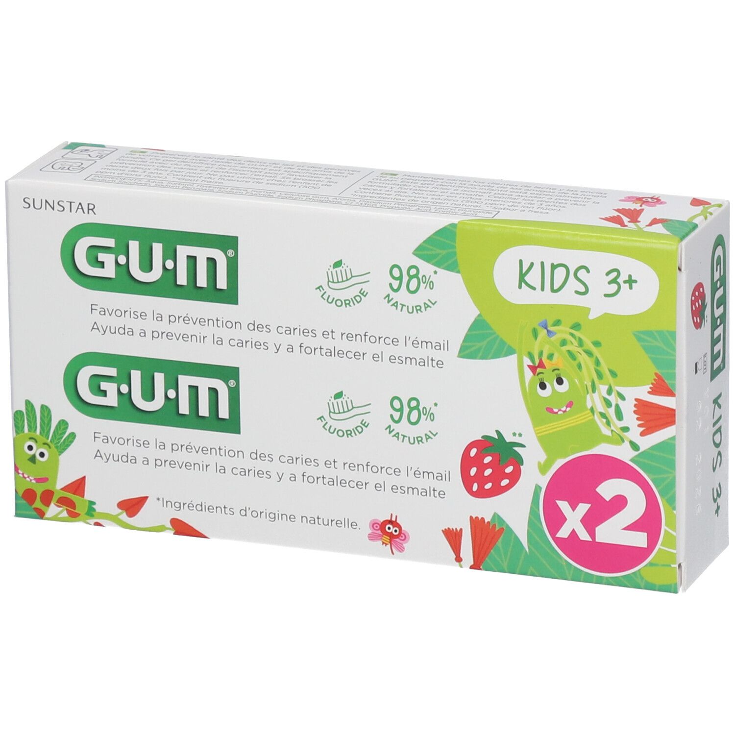 Boîte de dentifrice GUM KIDS 3+ avec deux tubes. Contient 98% d'ingrédients naturels et du fluorure. Inscriptions multilingues.