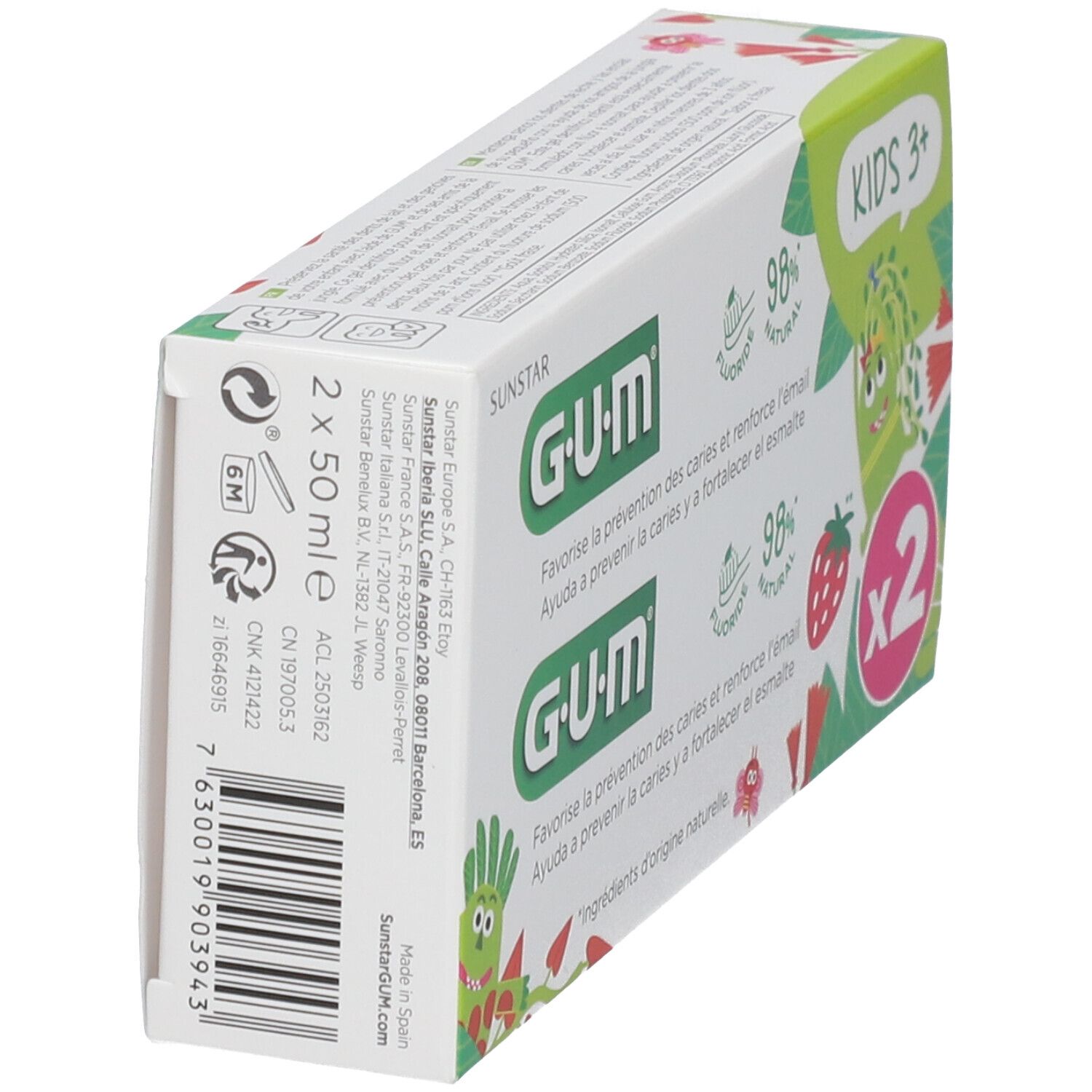 Boîte de dentifrice GUM KIDS 3+ en vue oblique. Contient deux tubes. Inscriptions avec ingrédients et informations fabricant.