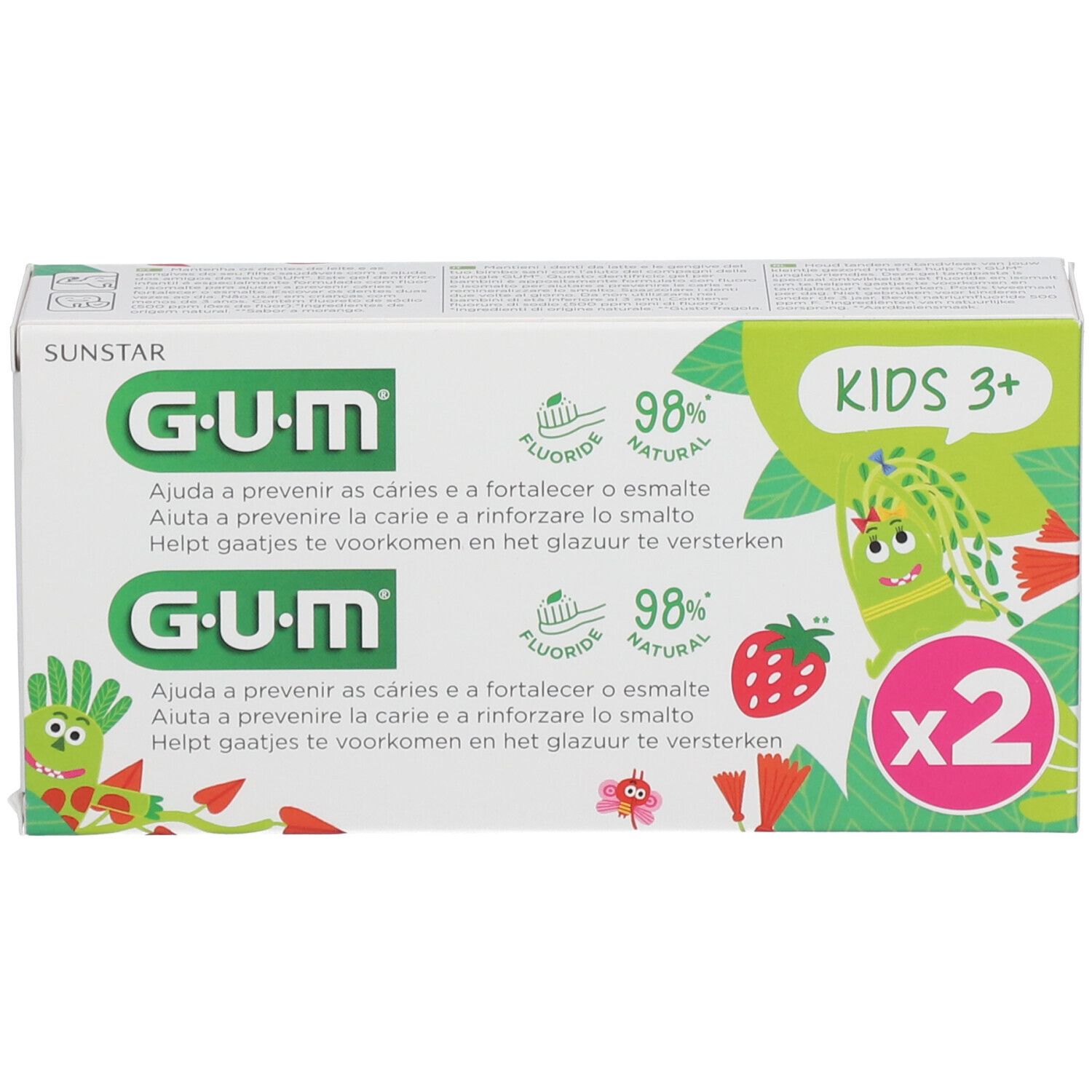 Boîte de dentifrice GUM KIDS 3+ avec deux tubes. Contient 98% d'ingrédients naturels et du fluorure. Inscriptions multilingues.