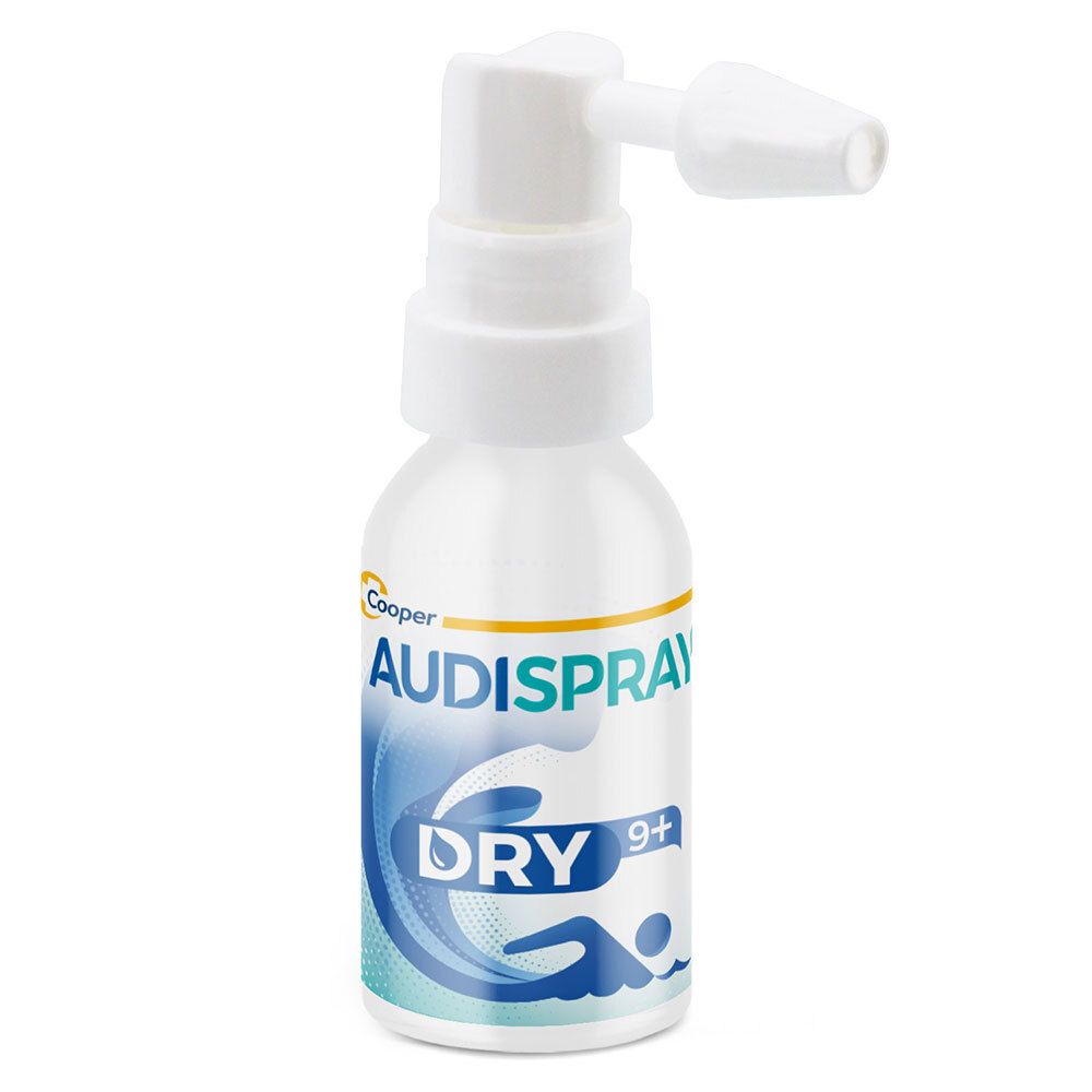 Flacon blanc AUDISPRAY DRY avec spray. Nom et logo visibles. Pour enfants +9 ans.