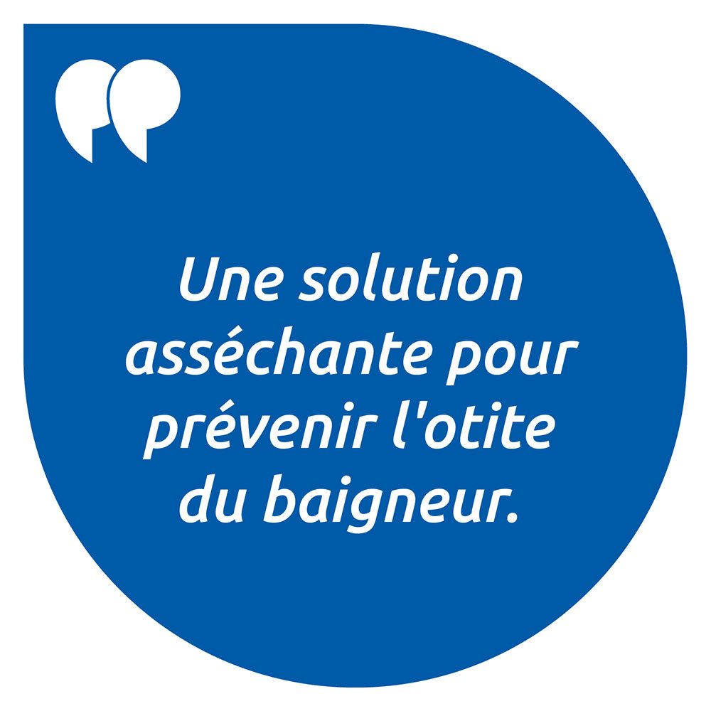 Bulle bleue. Texte : Solution asséchante pour prévenir l'otite du baigneur.