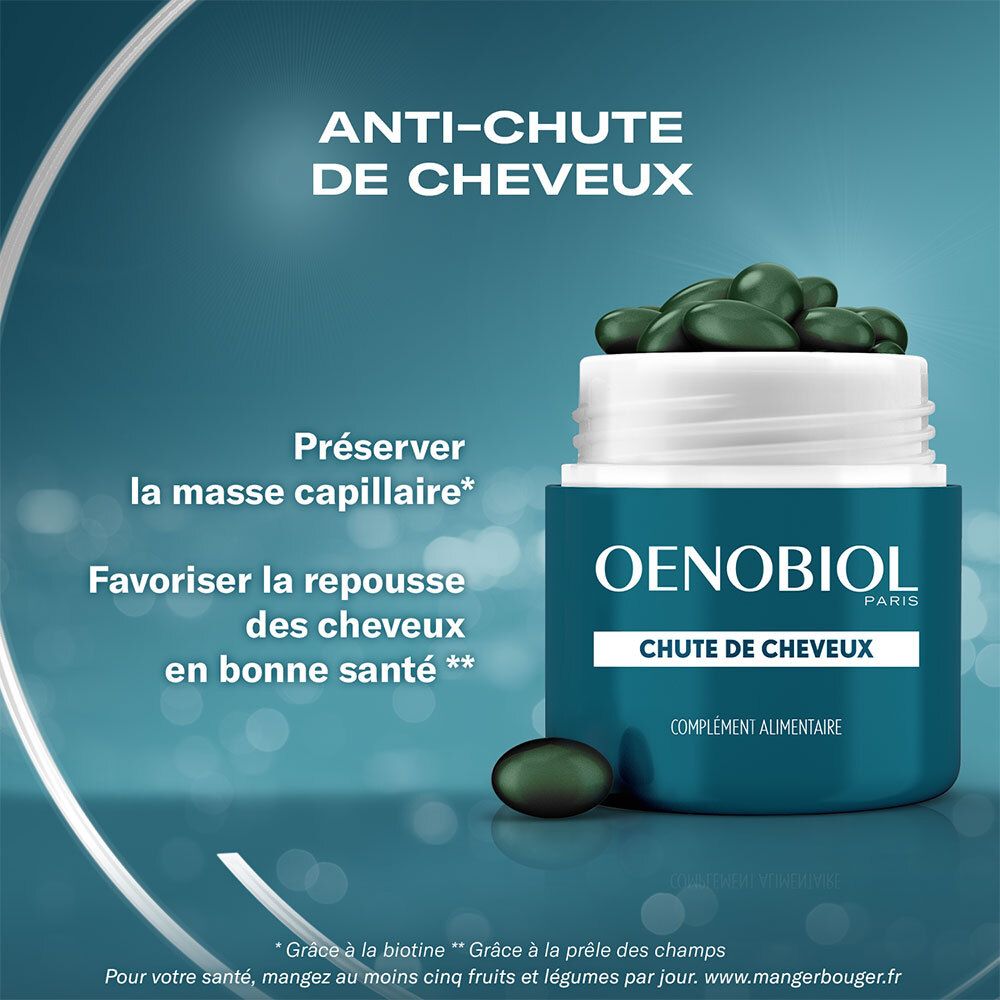 Flacon OENOBIOL avec gélules. Anti-chute de cheveux. Favorise la pousse. Complément alimentaire.