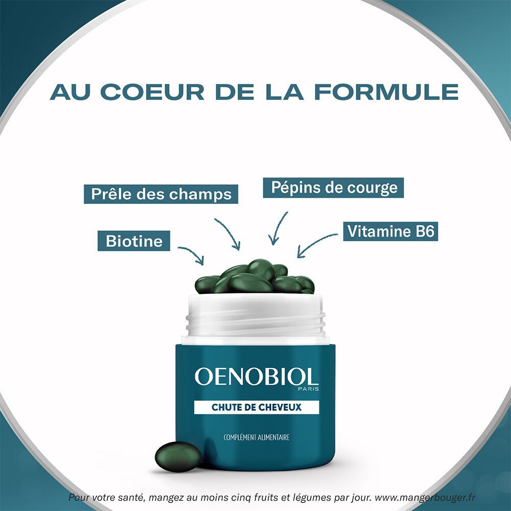 Flacon OENOBIOL avec gélules. Ingrédients : biotine, graines de courge, vitamine B6. Complément alimentaire.