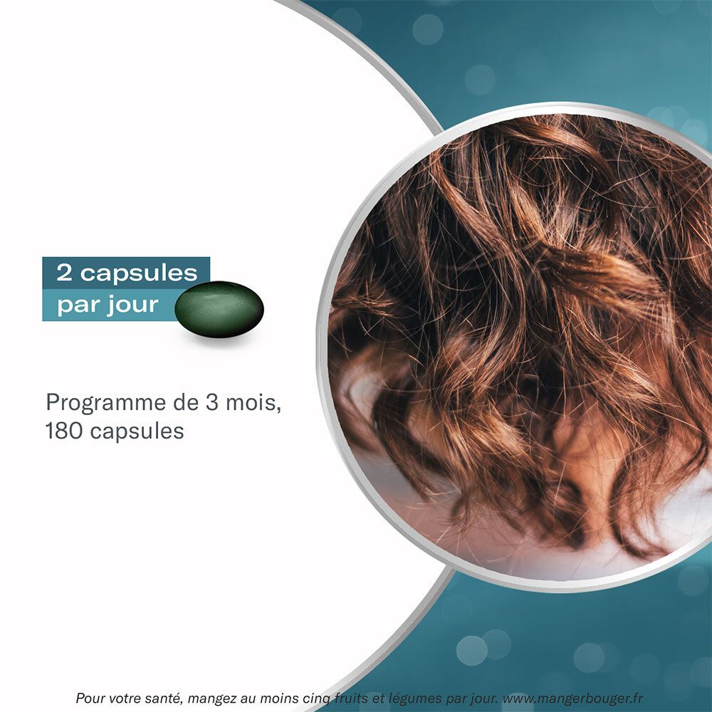 Mèches de cheveux. 2 gélules par jour. Programme 3 mois, 180 gélules. Produit OENOBIOL.
