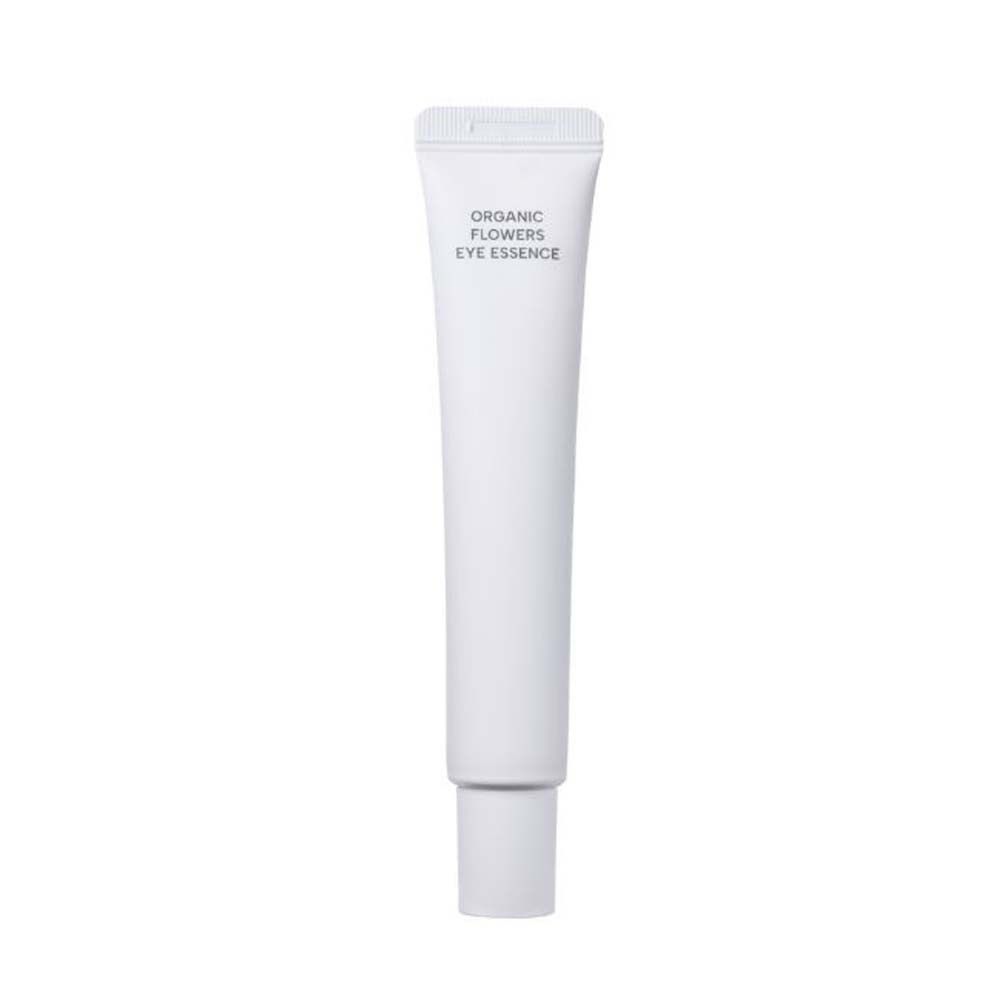 Weiße Tube mit Aufschrift ORGANIC FLOWERS EYE ESSENCE. Produkt für die Augenpartie.