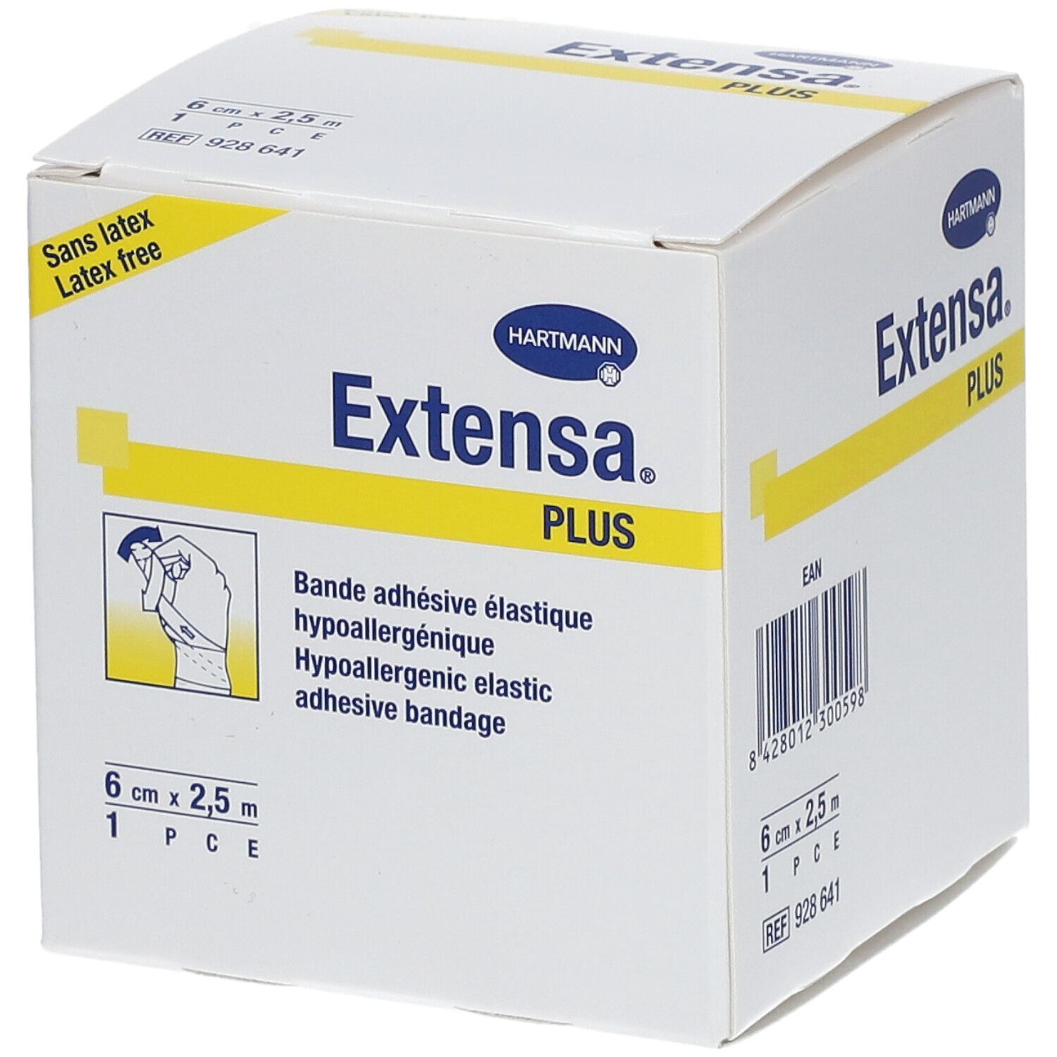 Boîte Hartmann Extensa Plus. 6 cm x 2,5 m. Bande adhésive élastique hypoallergénique. Sans latex. Illustration.