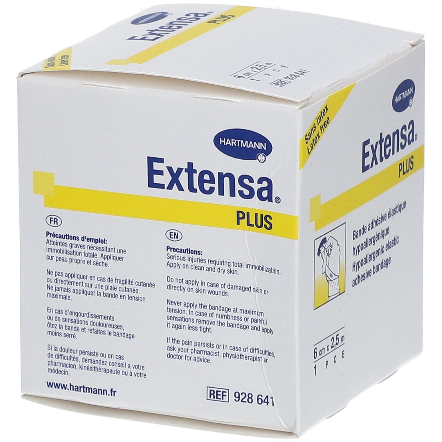Boîte Hartmann Extensa Plus. 6 cm x 2,5 m. Bande adhésive élastique hypoallergénique. Sans latex. Texte et illustration.