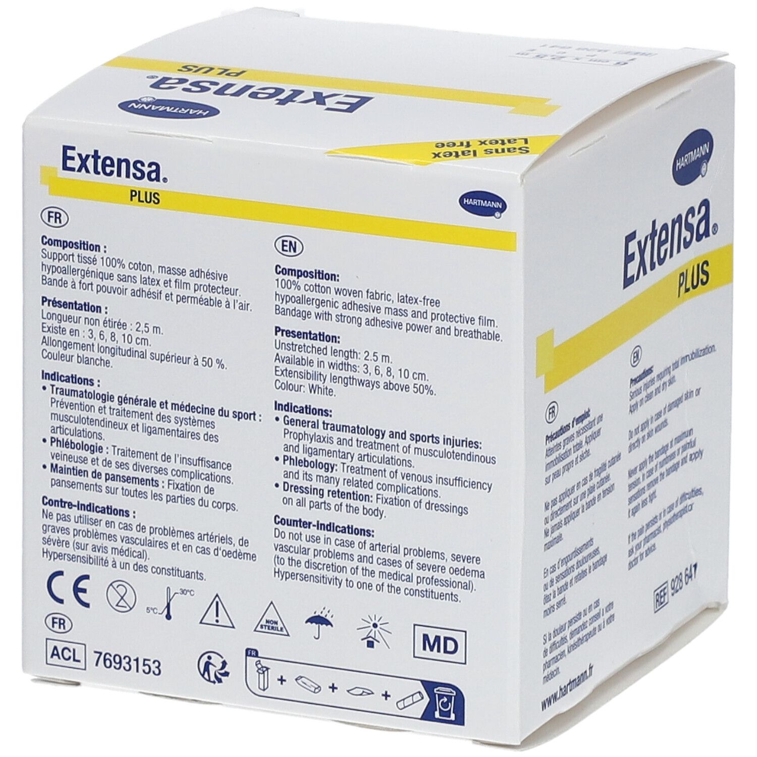 Boîte Hartmann Extensa Plus. 6 cm x 2,5 m. Informations sur la composition et l'utilisation. Marquage CE.