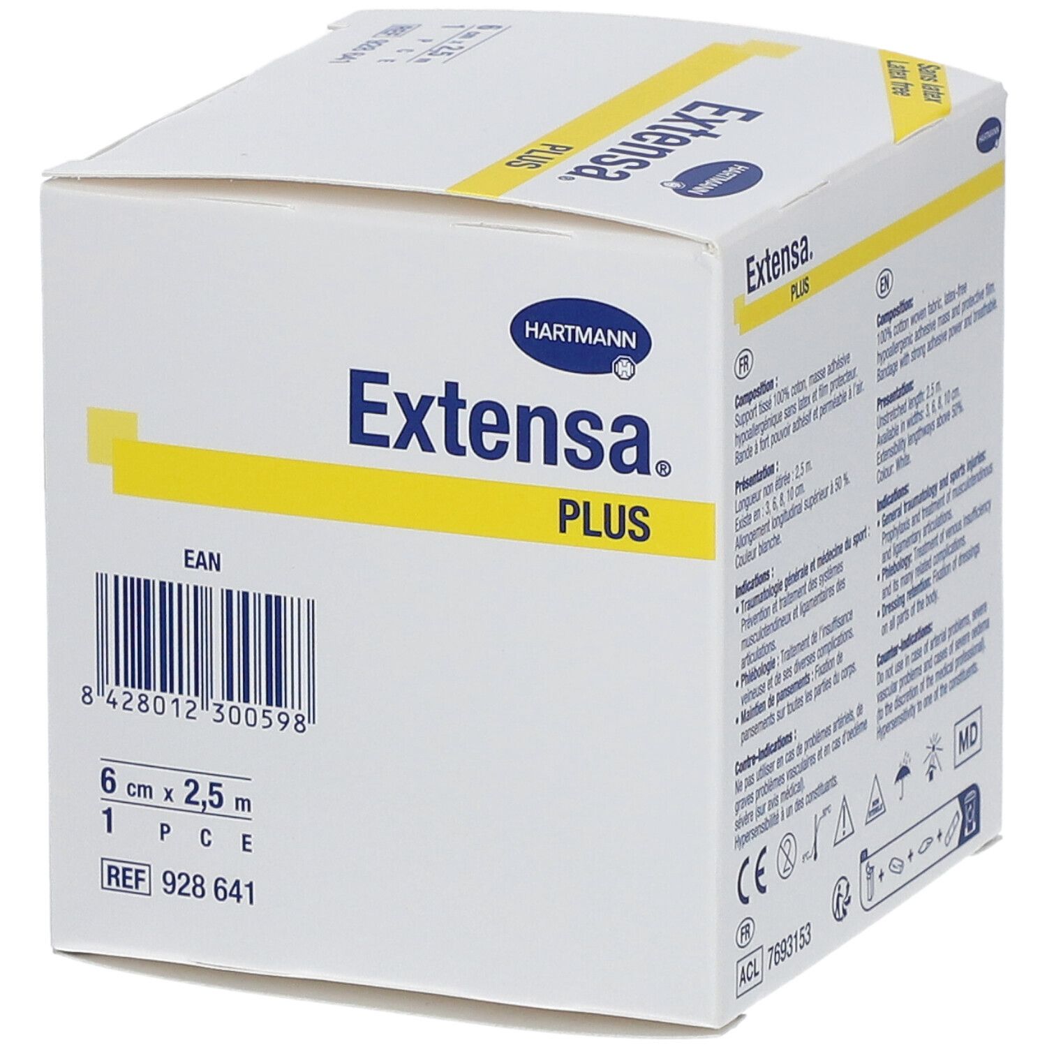 Boîte Hartmann Extensa Plus. 6 cm x 2,5 m. Bande adhésive élastique hypoallergénique. Code EAN et texte.