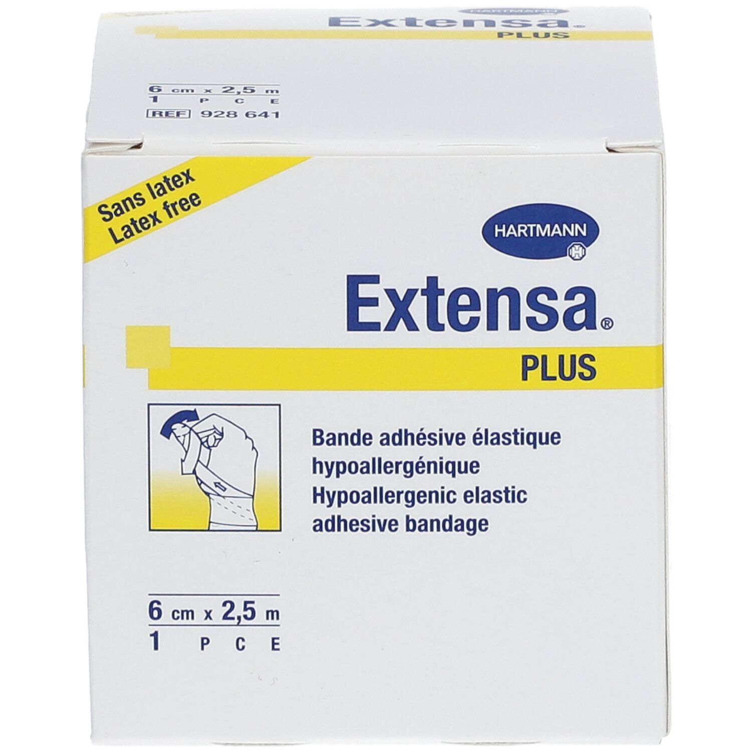 Boîte Hartmann Extensa Plus. 6 cm x 2,5 m. Bande adhésive élastique hypoallergénique. Sans latex. Illustration.
