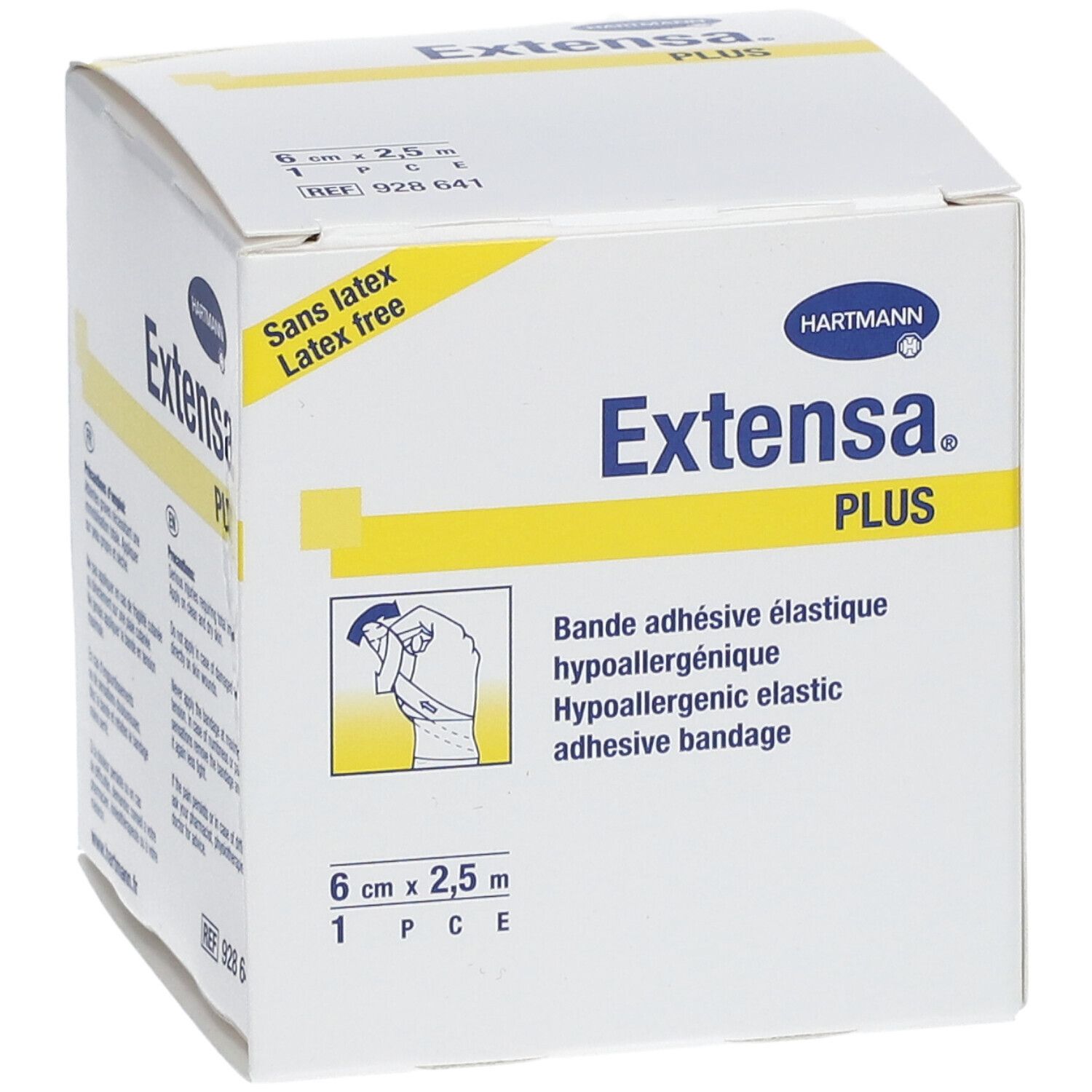 Boîte Hartmann Extensa Plus. 6 cm x 2,5 m. Bande adhésive élastique hypoallergénique. Sans latex. Illustration.
