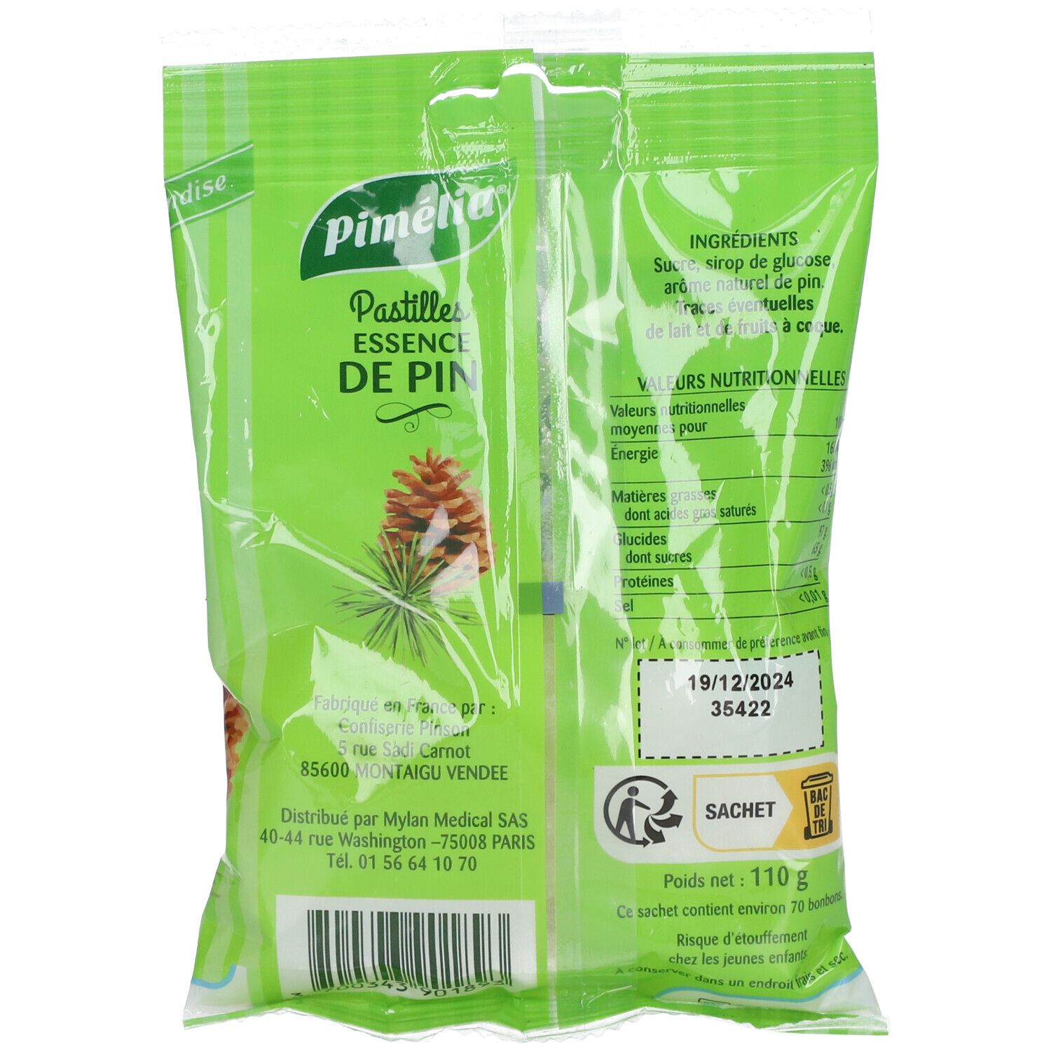 Dos du sachet vert "Pimélia". Texte, informations nutritionnelles, numéro de lot et symbole de recyclage.