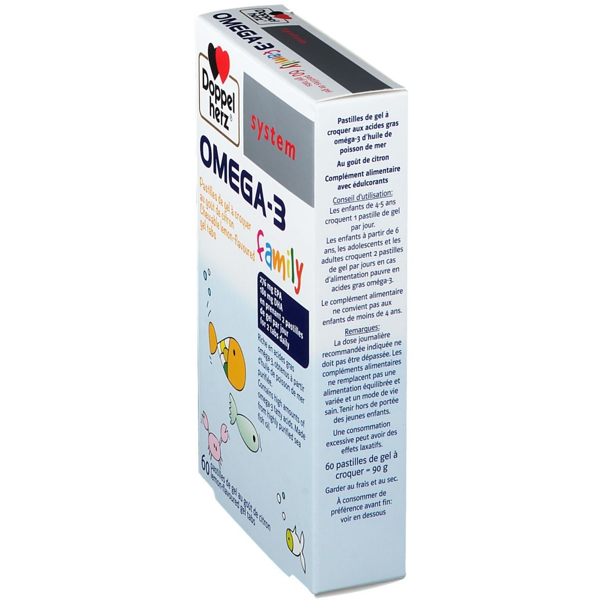 Vue latérale de la boîte Doppelherz system OMEGA-3 Family. Contient 60 comprimés. Texte : OMEGA-3, Family, Pastilles de gel.