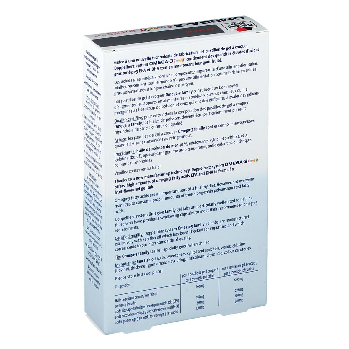 Dos de la boîte Doppelherz system OMEGA-3 Family. Texte : ingrédients, instructions d'utilisation, informations nutritionnelles, labels.