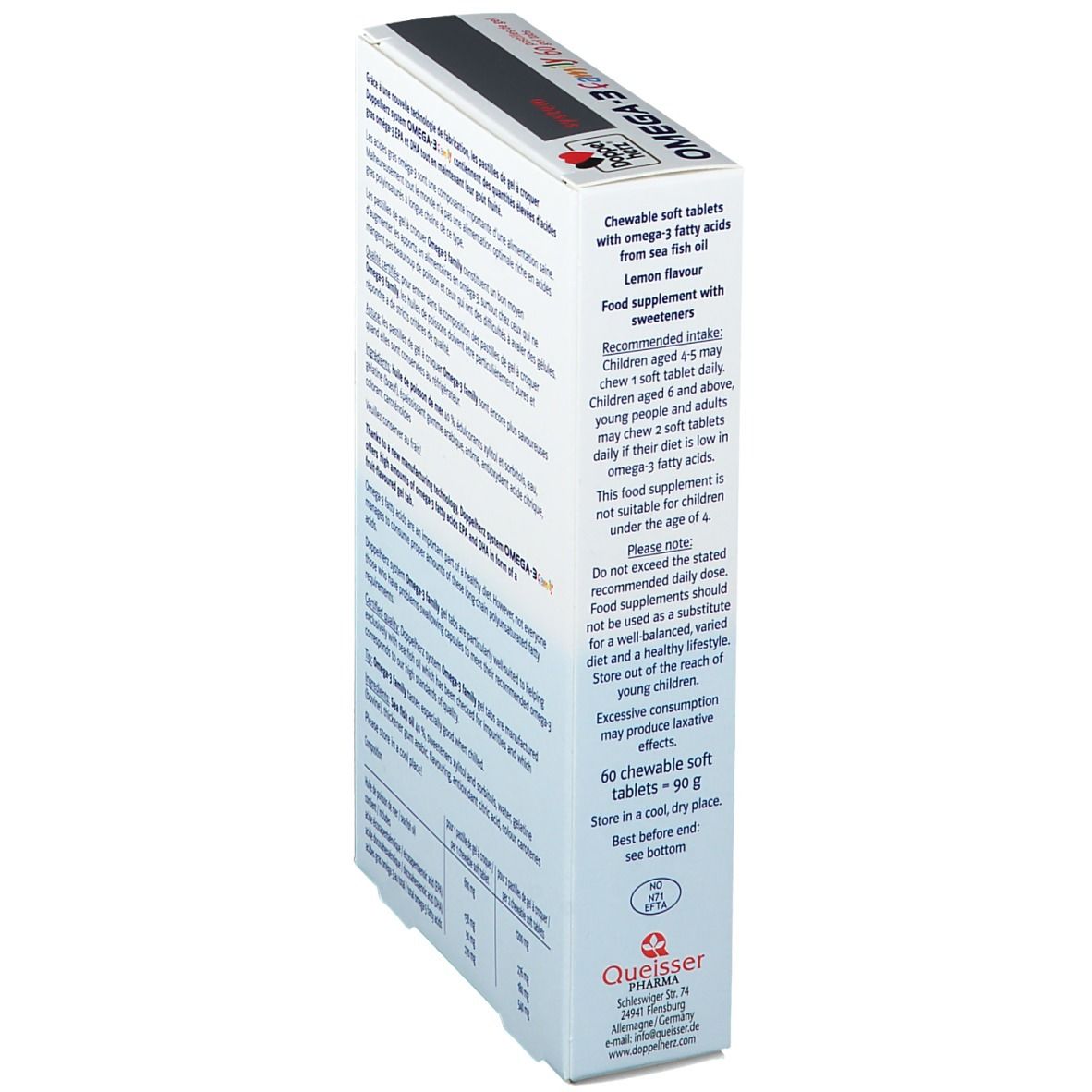 Vue latérale de la boîte Doppelherz system OMEGA-3 Family. Texte : utilisation, ingrédients, informations fabricant, date de péremption.