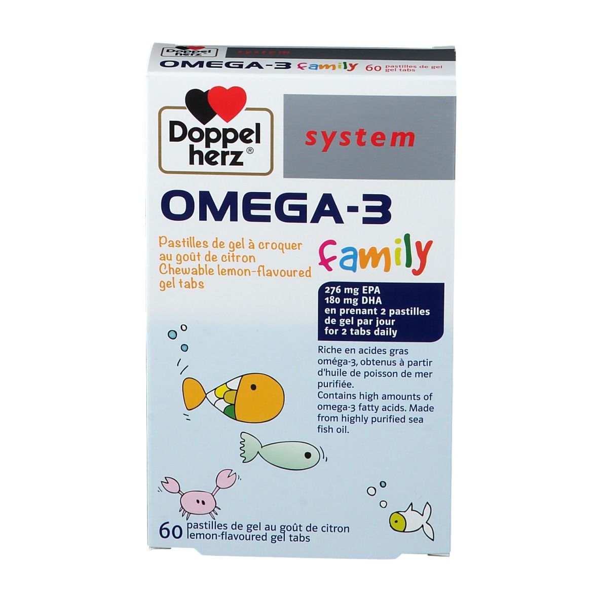 Boîte Doppelherz system OMEGA-3 Family. 60 comprimés. Illustrations de poissons. Texte : OMEGA-3, Family, Pastilles de gel.
