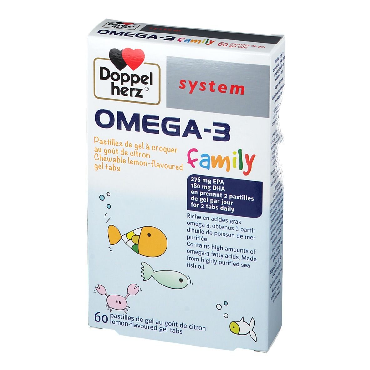 Boîte Doppelherz system OMEGA-3 Family. 60 comprimés. Illustrations de poissons. Texte : OMEGA-3, Family, Pastilles de gel.