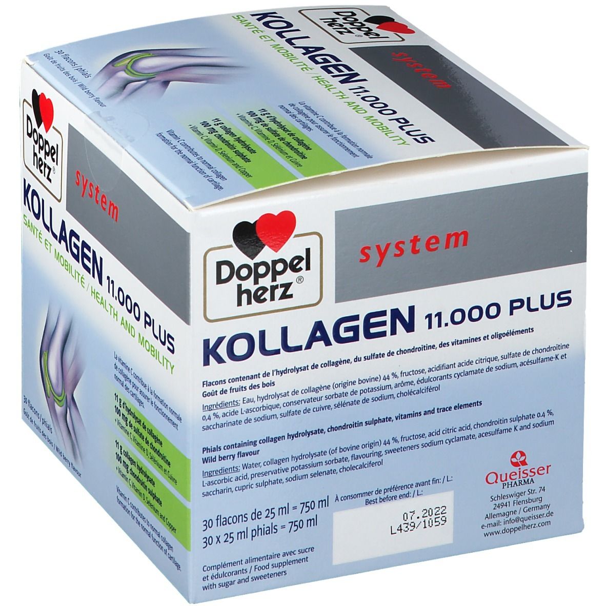 Verpackung von Doppelherz system KOLLAGEN 11.000 PLUS. Enthält 30 Fläschchen. Inhaltsstoffe und Nährwertangaben sind aufgedruckt.