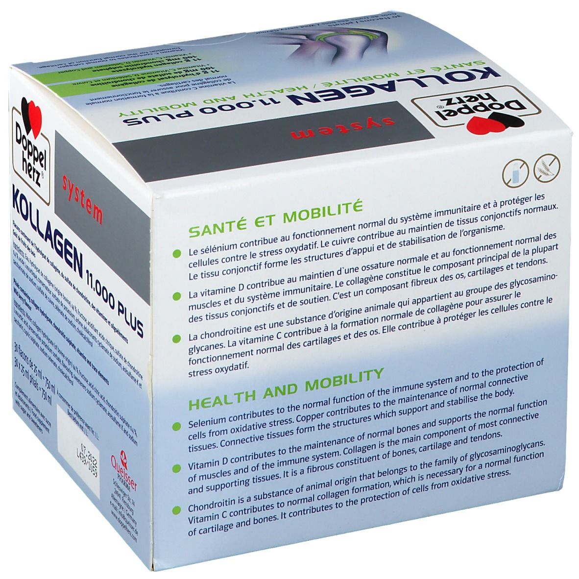 Rückseite der Verpackung von Doppelherz system KOLLAGEN 11.000 PLUS. Text über Gesundheit und Mobilität, Inhaltsstoffe und Anwendung.