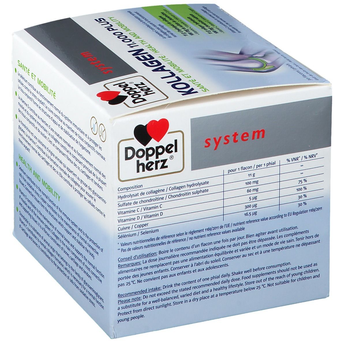 Verpackung von Doppelherz system KOLLAGEN 11.000 PLUS. Nährwertangaben und Anwendungshinweise sind aufgedruckt.