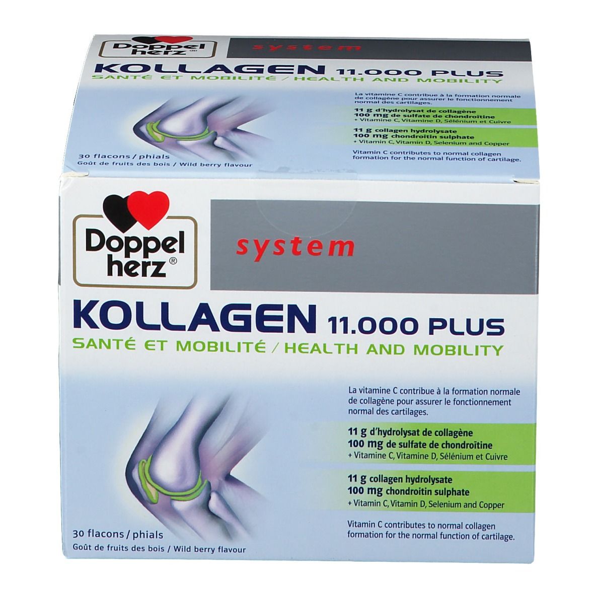 Karton von Doppelherz system KOLLAGEN 11.000 PLUS. Enthält 30 Fläschchen. Aufdrucke: Gesundheit und Mobilität, Wild Berry Geschmack.
