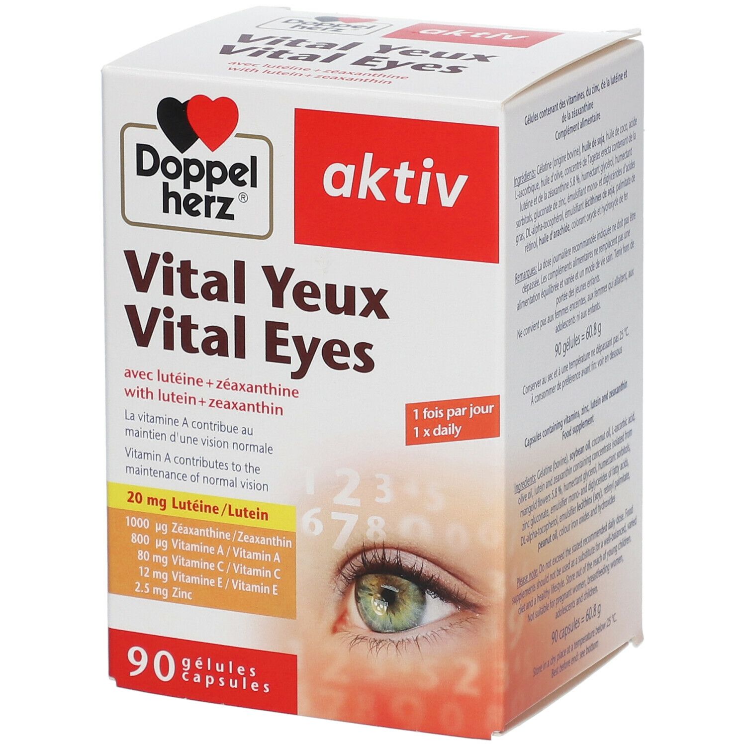 Boîte Doppelherz aktiv Vital Eyes. Contient 90 gélules. Inscription: Vital Eyes, avec lutéine + zéaxanthine. 1 fois par jour.