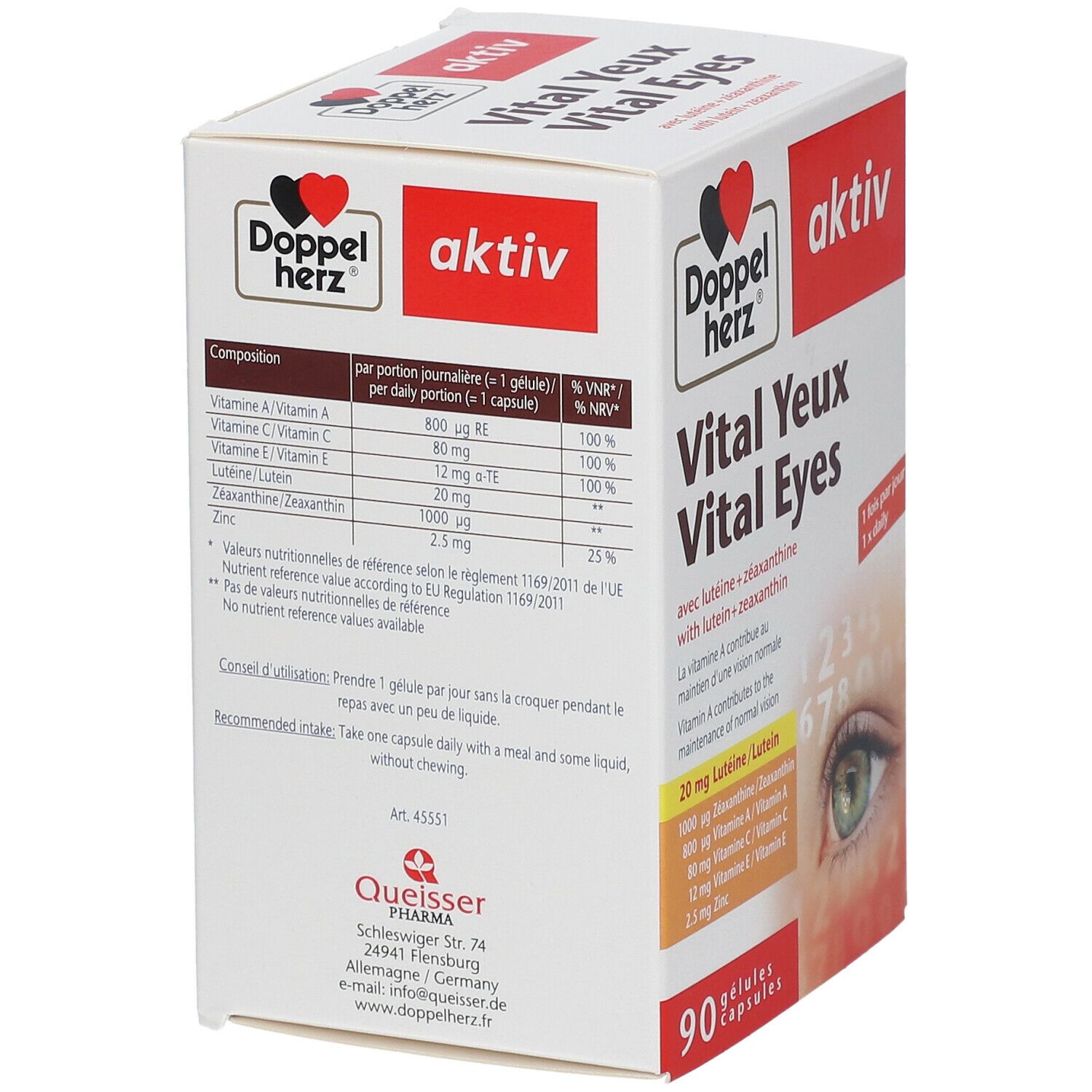 Dos de la boîte Doppelherz aktiv Vital Eyes. Contient des informations nutritionnelles et des instructions. 90 gélules.