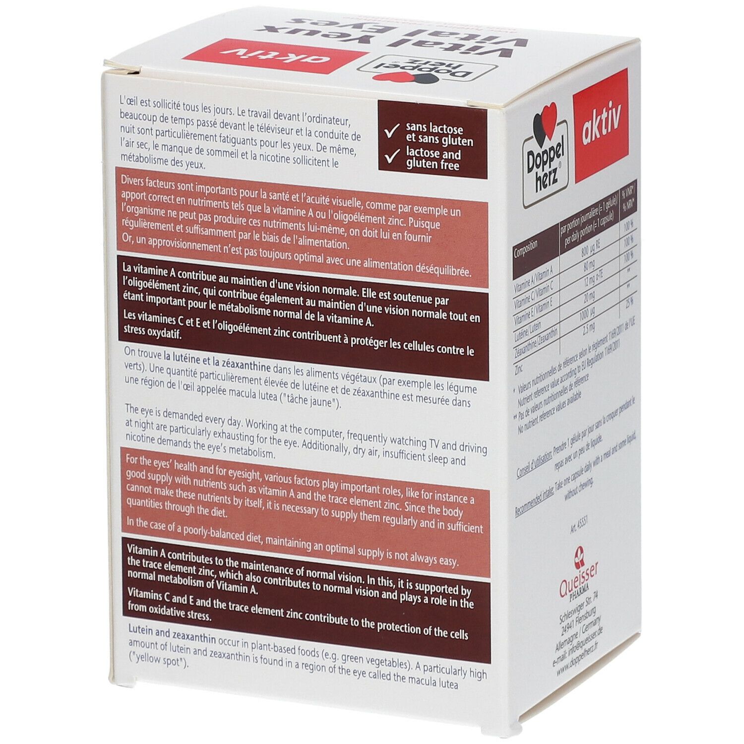 Vue latérale de la boîte Doppelherz aktiv Vital Eyes. Texte: Sans lactose et sans gluten. Contient des informations de santé.