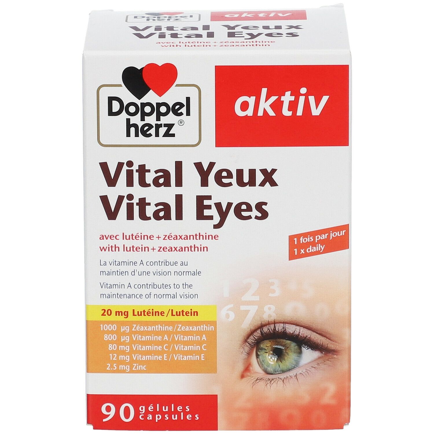 Boîte Doppelherz aktiv Vital Eyes. Contient 90 gélules. Inscription: Vital Eyes, avec lutéine + zéaxanthine. 1 fois par jour.