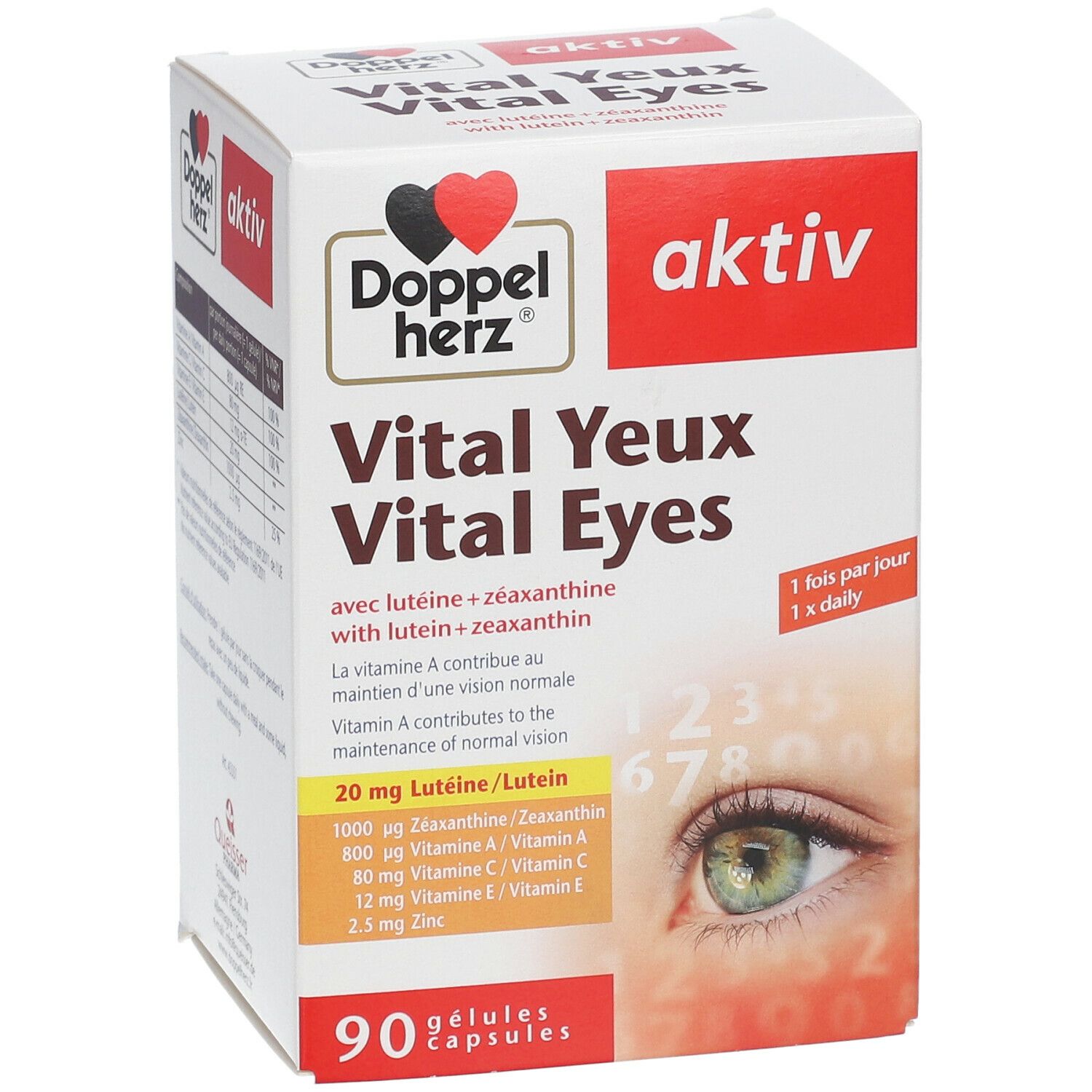 Boîte Doppelherz aktiv Vital Eyes. Contient 90 gélules. Inscription: Vital Eyes, avec lutéine + zéaxanthine. 1 fois par jour.