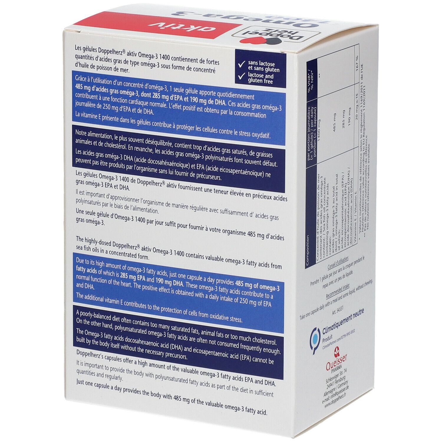 Doppelherz Omega-3 1400 Packung, Seite. Text über Inhaltsstoffe und Vorteile. Gluten- und laktosefrei.