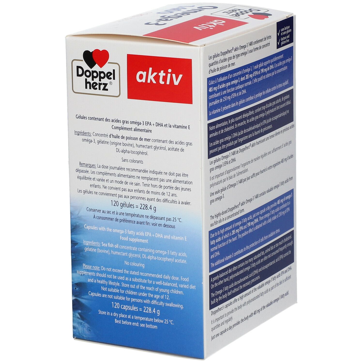 Doppelherz Omega-3 1400 Packung, Seite. Enthält Informationen zu Inhaltsstoffen und Anwendung.